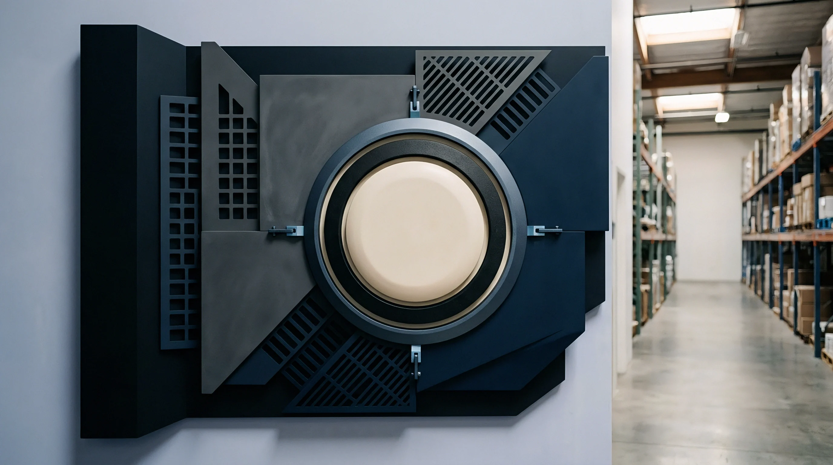 A multi component injection molded polymer assembly comprises concentric circular tooling and dark geometric plates mounted on a wall inside a manufacturing warehouse.