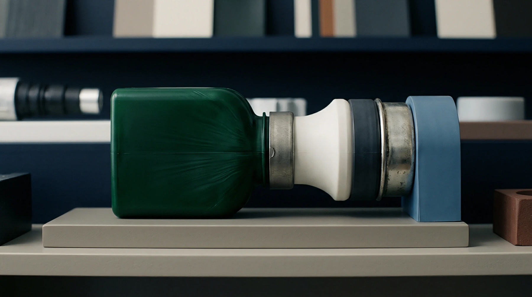 A green blow molded plastic container and various mechanical polymer components rest horizontally upon a neutral grey display shelf.