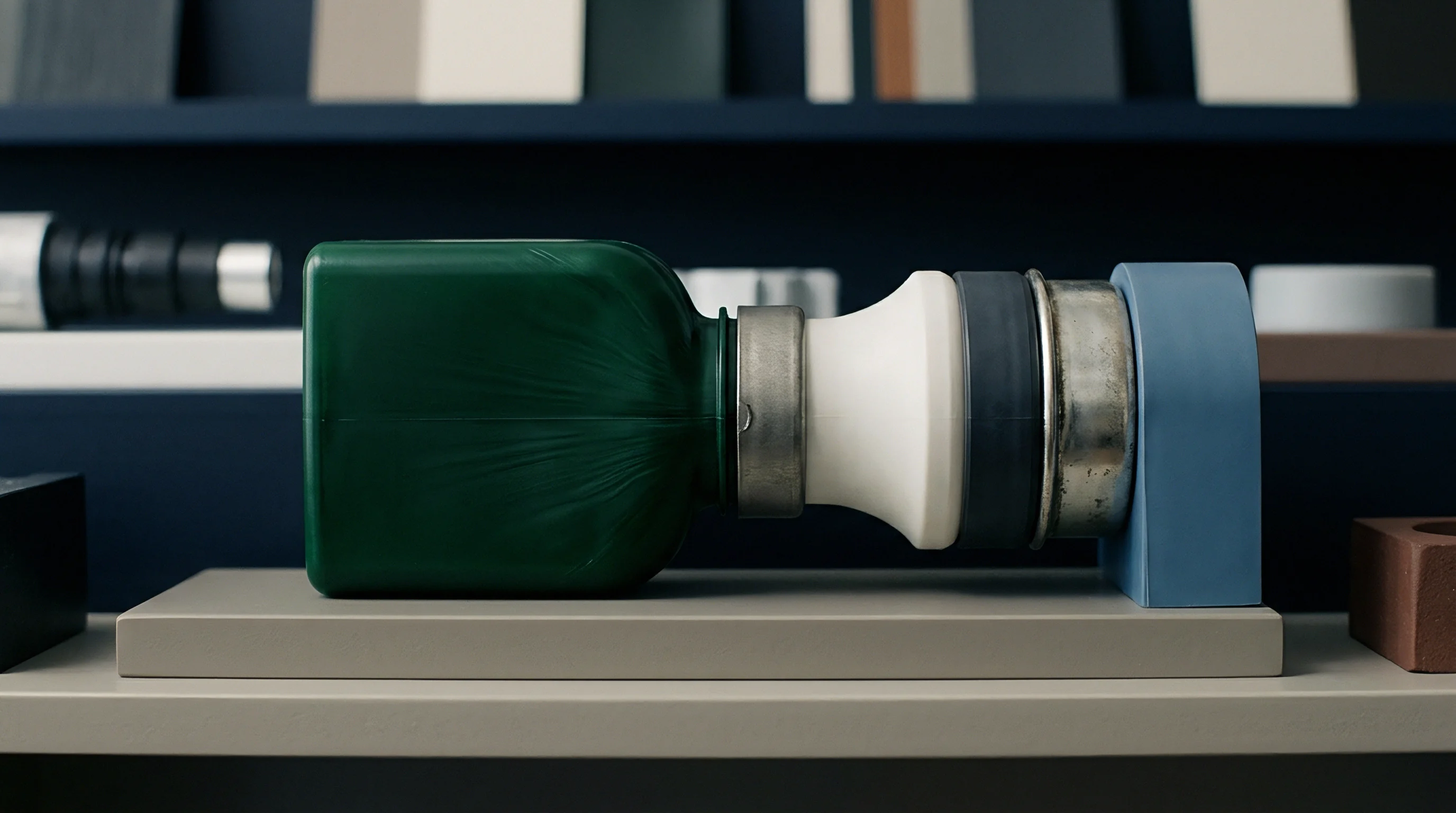 A green blow molded plastic container and various mechanical polymer components rest horizontally upon a neutral grey display shelf.