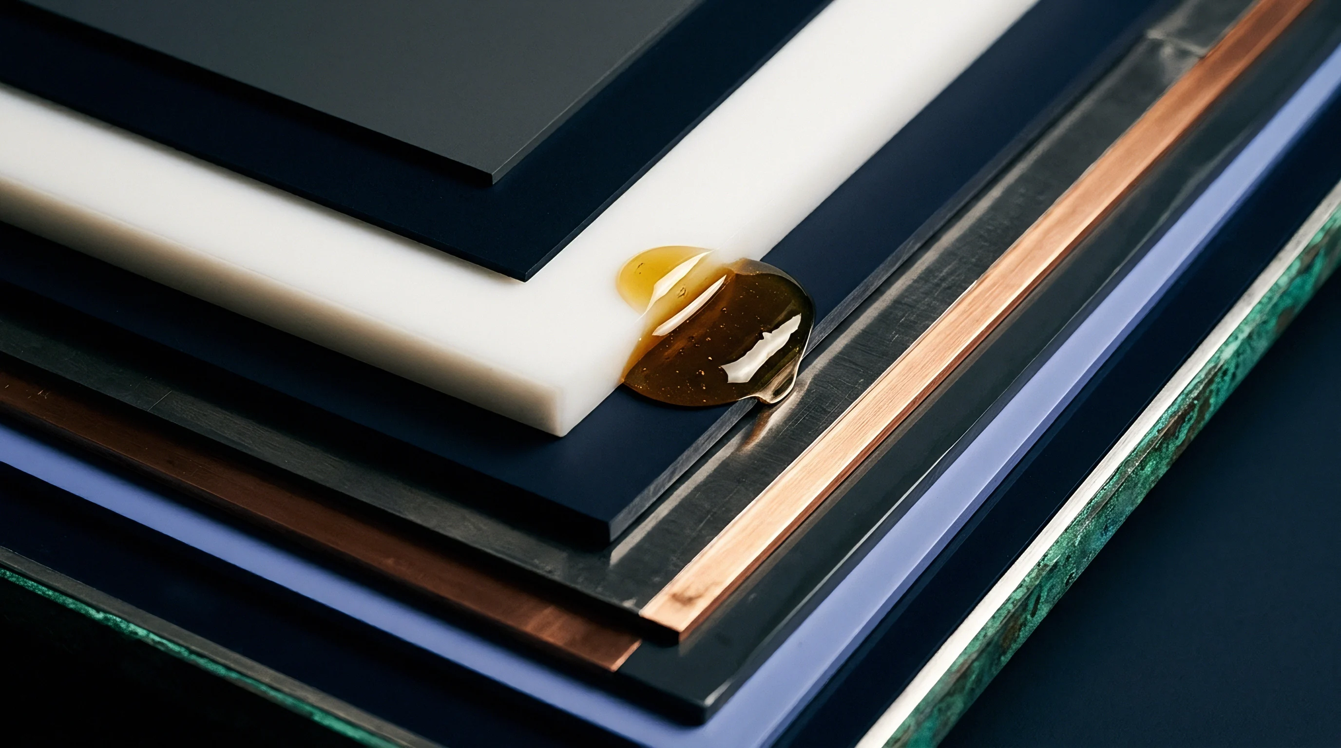 Viscous amber resin droplets rest upon white polymer sheets layered over dark blue composite panels and metallic foils.