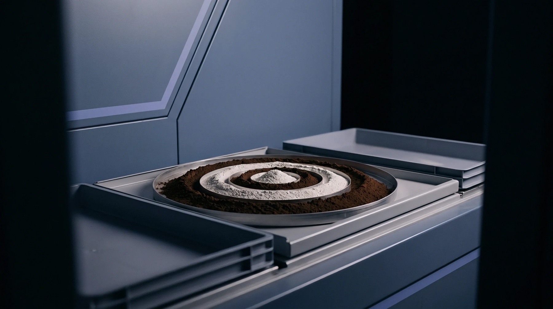 Concentric rings of dark and white powdered raw materials sit on a metal tray inside an industrial chamber near collection bins.