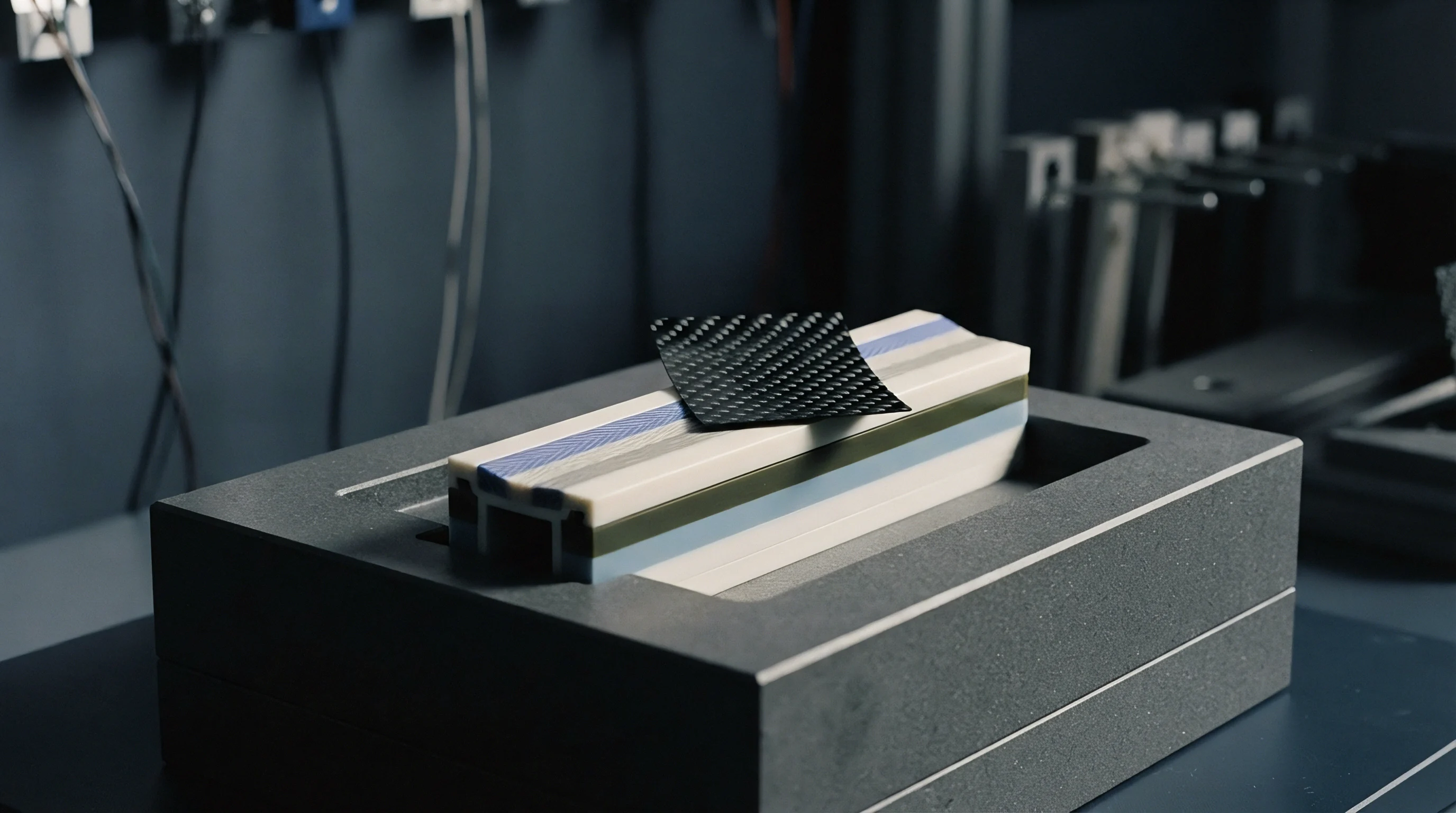 A small carbon fiber sample rests on a multi-layered polymer composite block, precisely positioned within a dark grey testing fixture in a controlled laboratory environment.