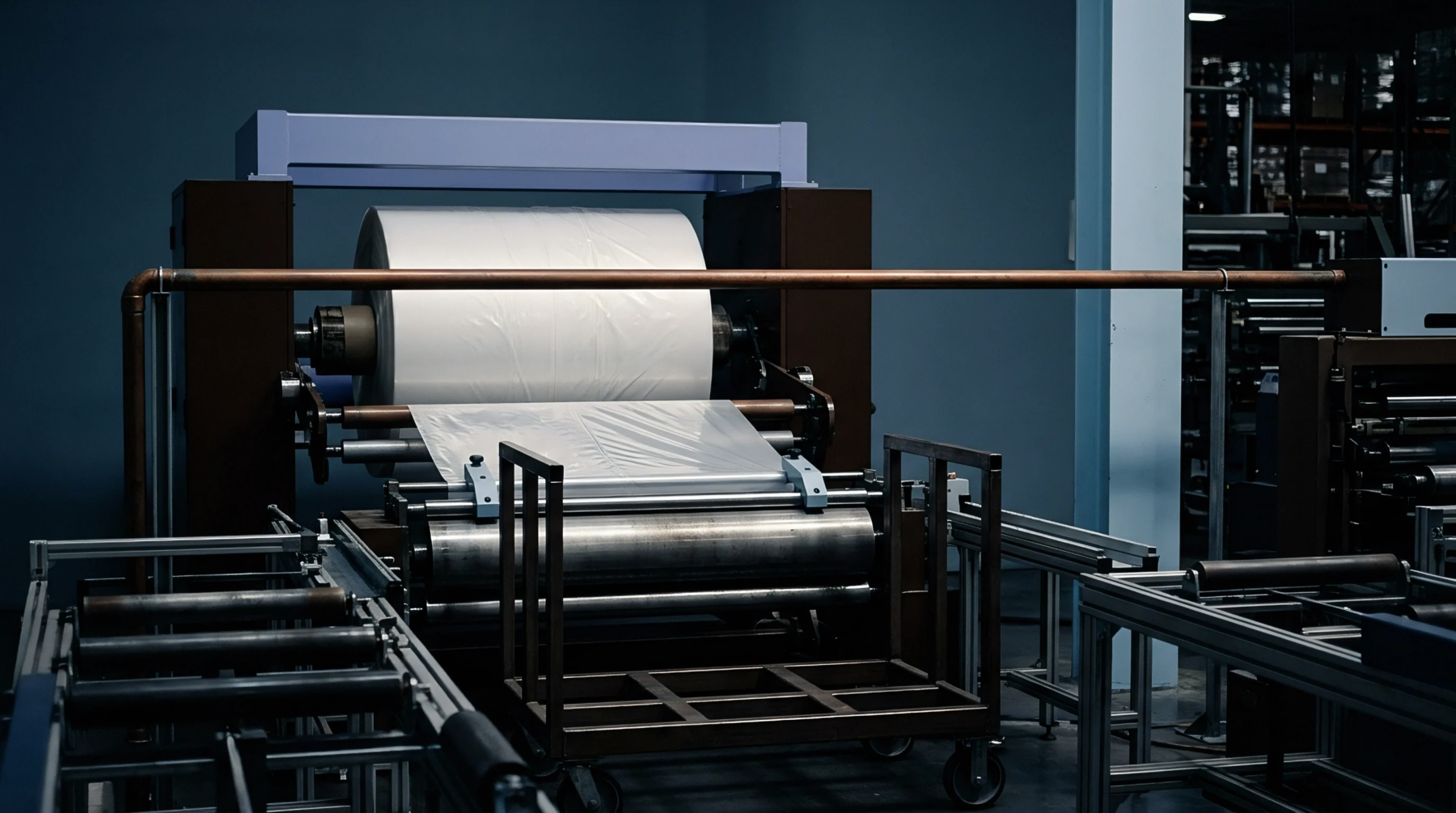 A large roll of clear polymer film feeds through steel rollers on an industrial extrusion line set within a factory production floor.
