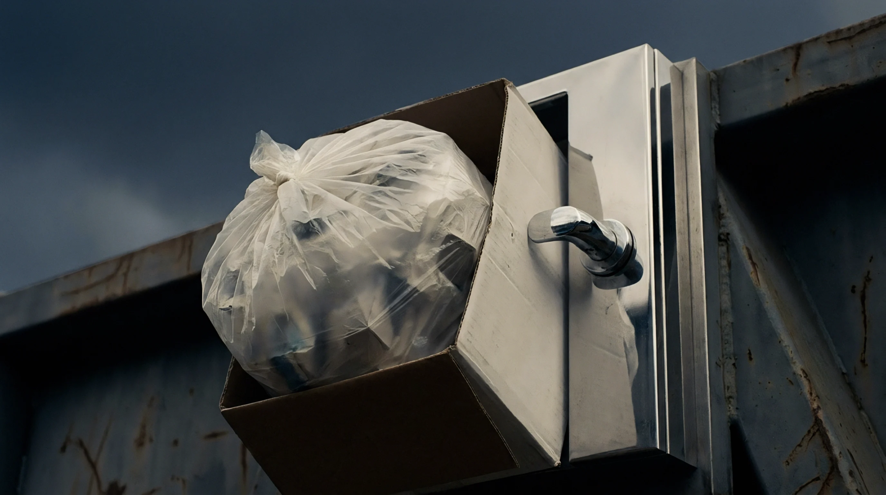 A translucent polymer film bag filled with production refuse is presented within a cardboard container mounted on a heavy industrial metal chute.