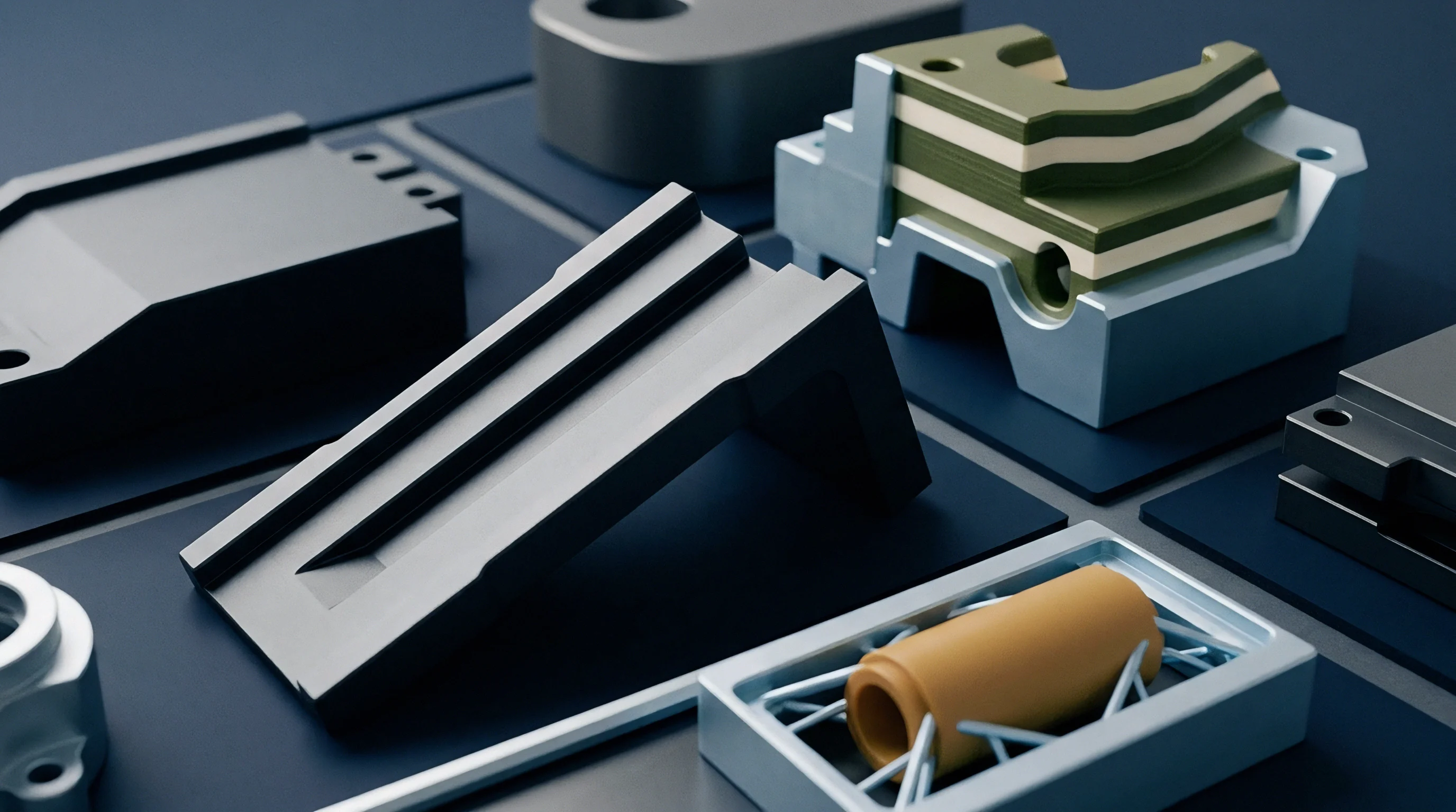 Digital render shows varied industrial plastic prototypes and engineered mould components resting on dark panels within a minimalist geometric environment.