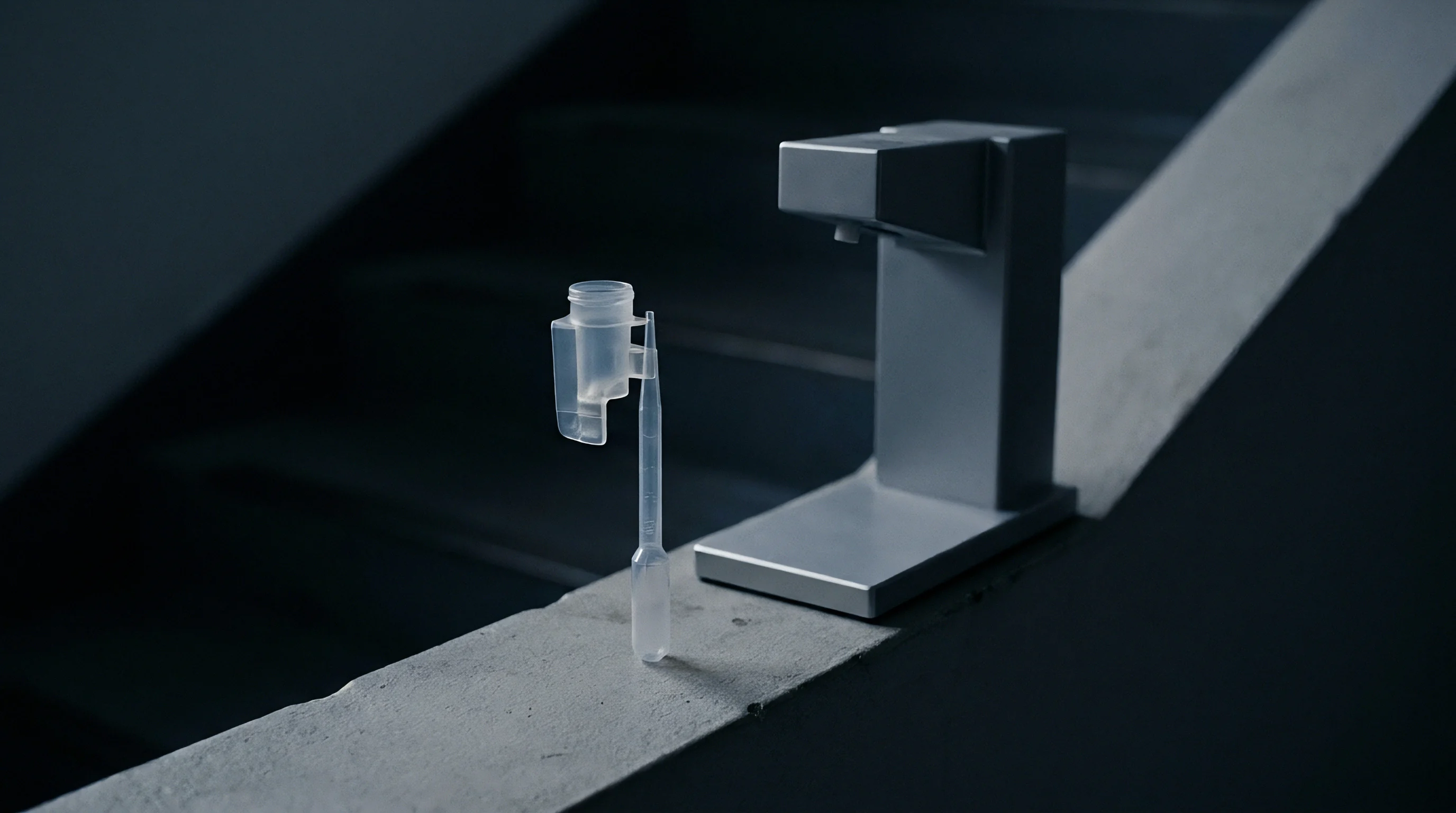 A clear plastic pipette with a bulbous reservoir stands beside a metallic grey automated dispensing unit on a concrete ledge.