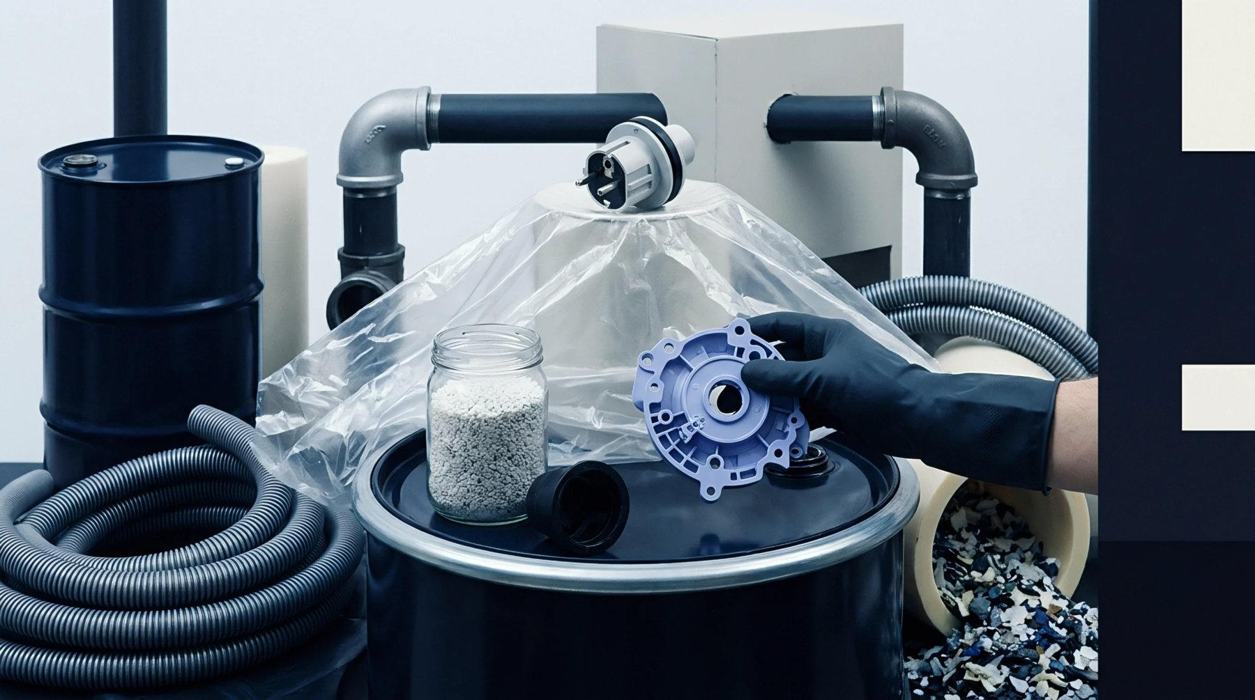 Plastic pellets in a jar, a molded part, industrial pipes, a dark drum, and plastic fragments are visible, indicating materials for production or recycling operations.