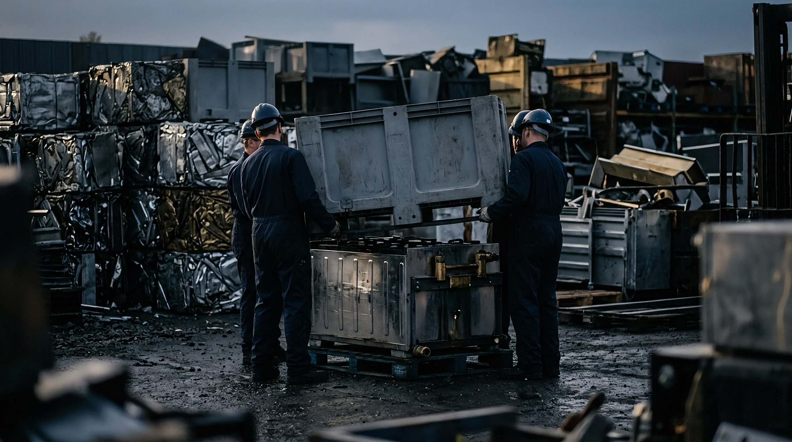 Operators lift a heavy polymer bulk container above a metal machining unit inside an outdoor industrial scrap processing facility.