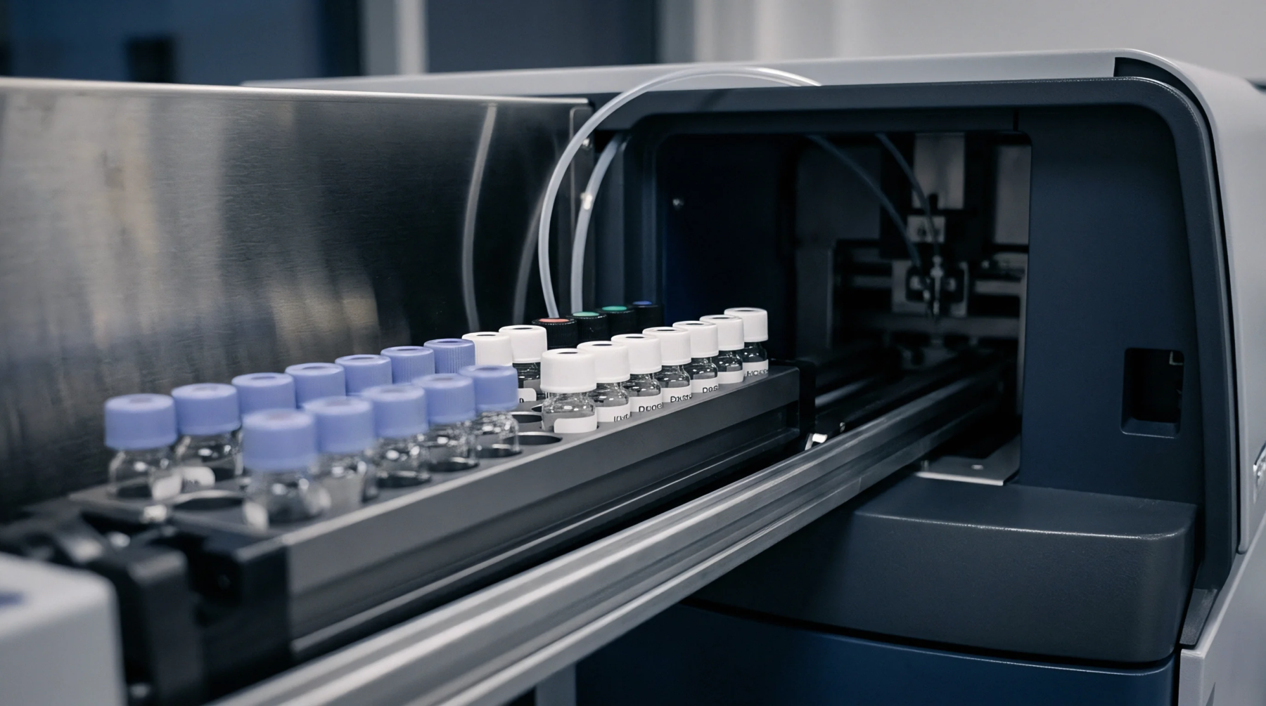 An automated chromatography autosampler tray holds glass sample vials for testing chemical composition and polymer additives in industrial manufacturing environments.