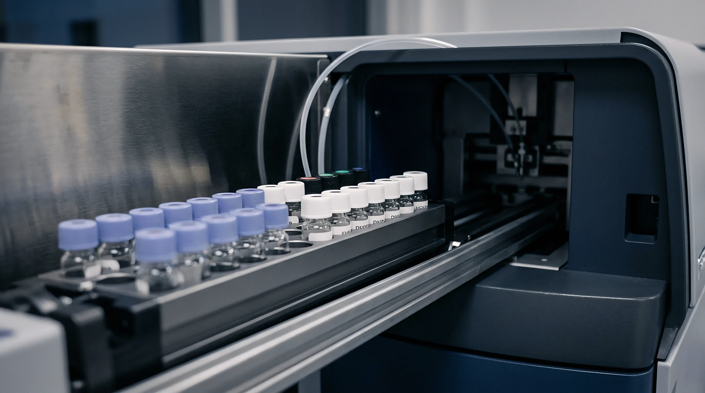 An automated chromatography autosampler tray holds glass sample vials for testing chemical composition and polymer additives in industrial manufacturing environments.