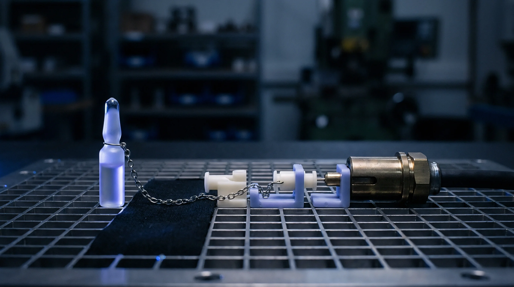 Precision molded polymer fixtures connect a sealed glass ampoule to a metallic extrusion nozzle across a stainless steel industrial test bench.