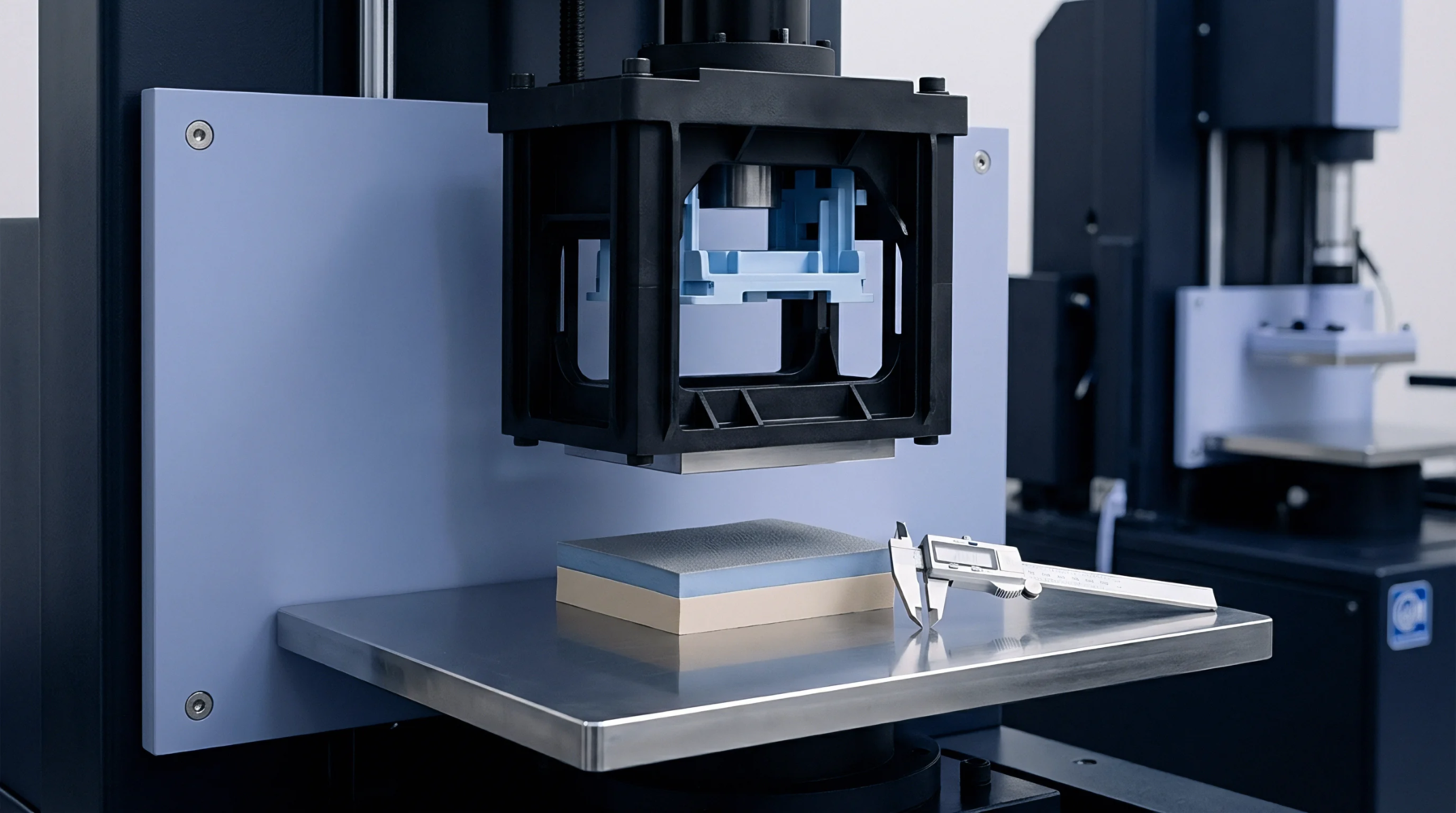A two layer polymer laminate sits on the metal base of a vertical hydraulic press adjacent to a digital caliper for thickness verification.