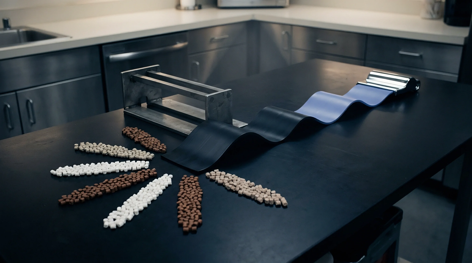 Polymeric resin pellets in neutral tones extend from a flexible extruded sheet alongside a metal shaping die on a black bench.