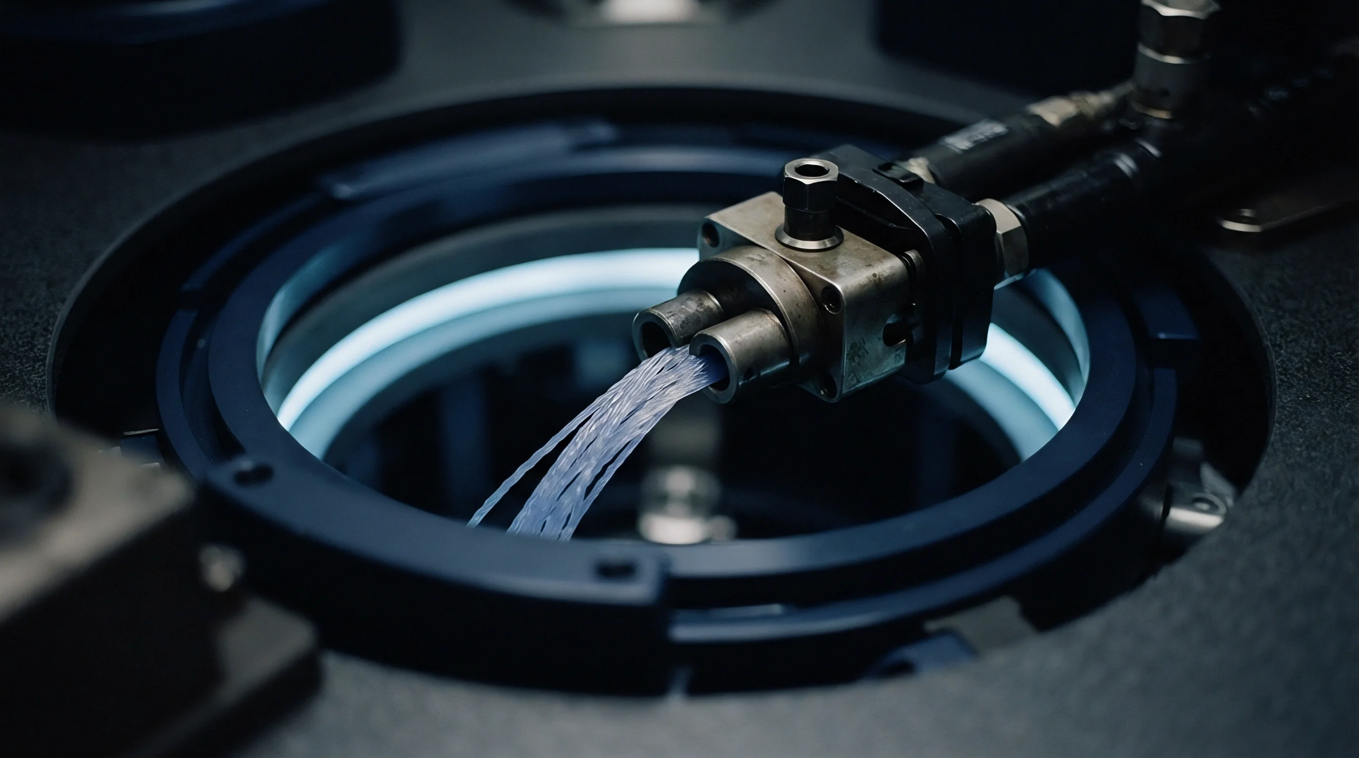 A strand dispensing head deposits molten polymer threads into a circular processing cavity during a continuous extrusion manufacturing cycle.