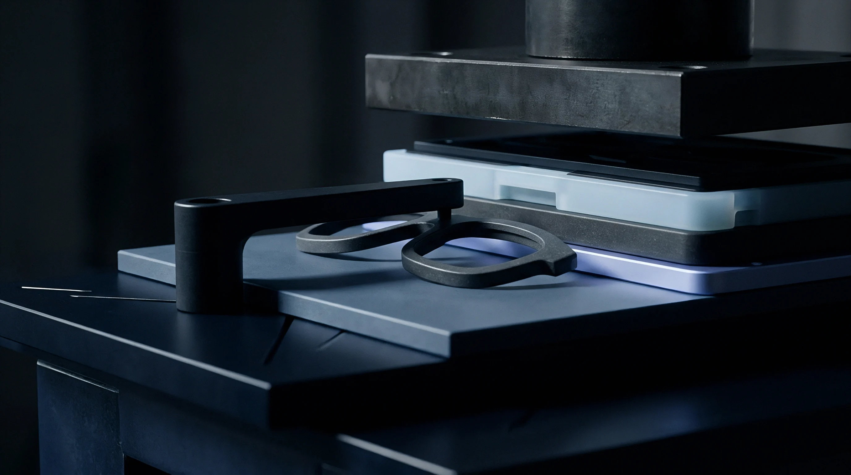 A black polymer eyewear frame rests on a production workstation beside industrial pressing machinery and precision tooling components.