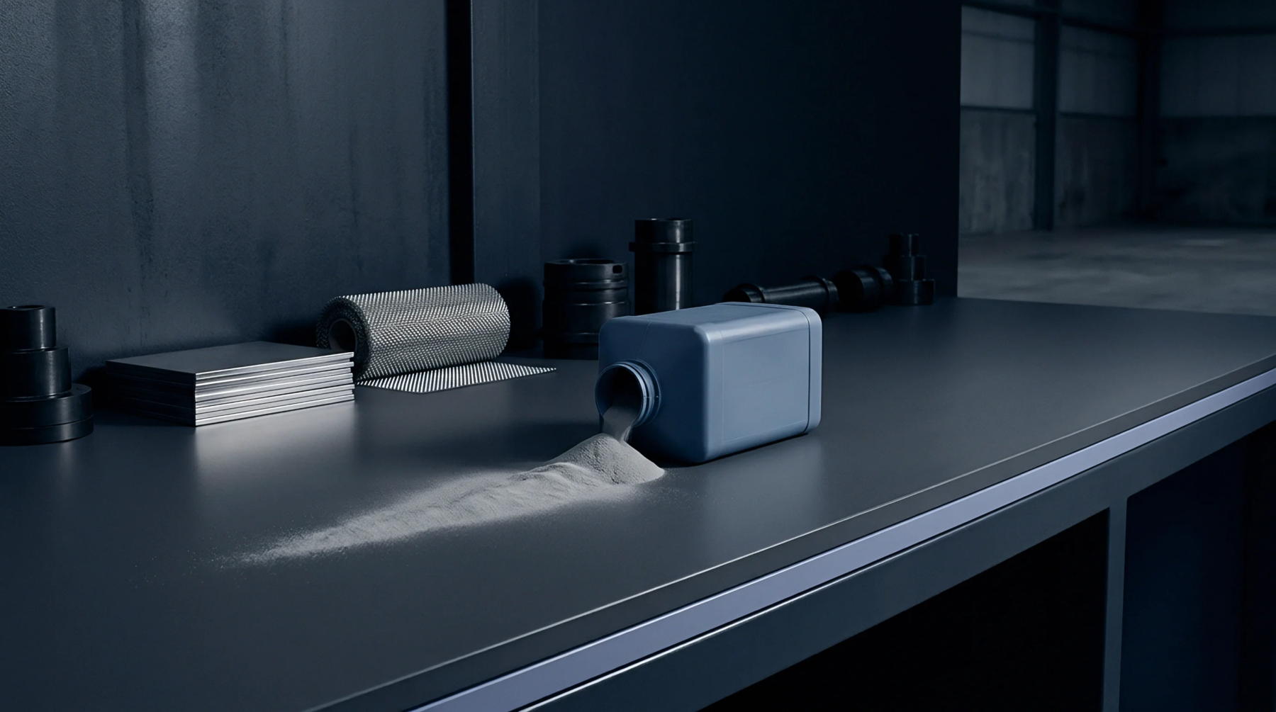 Fine grey polymer powder spills from a blue plastic container onto a flat dark industrial workstation surface surrounded by fabrication components.