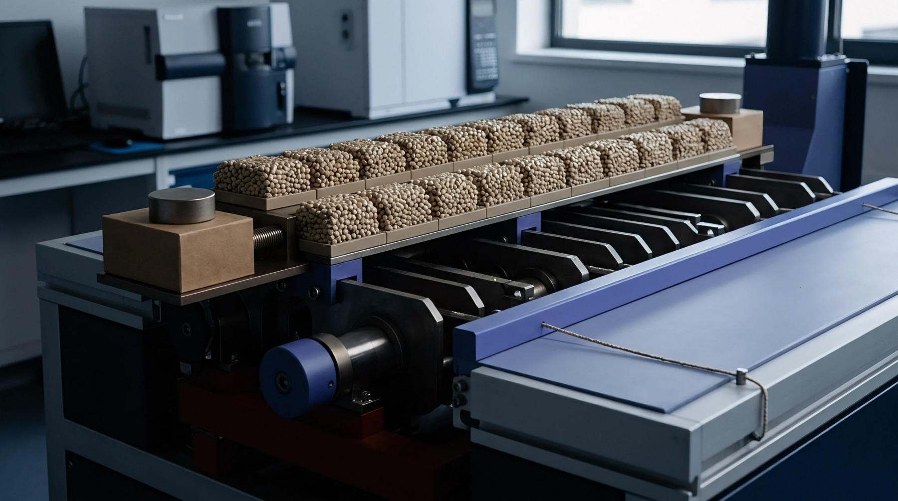 In a laboratory setting, uniform polymer granules are arranged in trays on a mechanical testing apparatus.