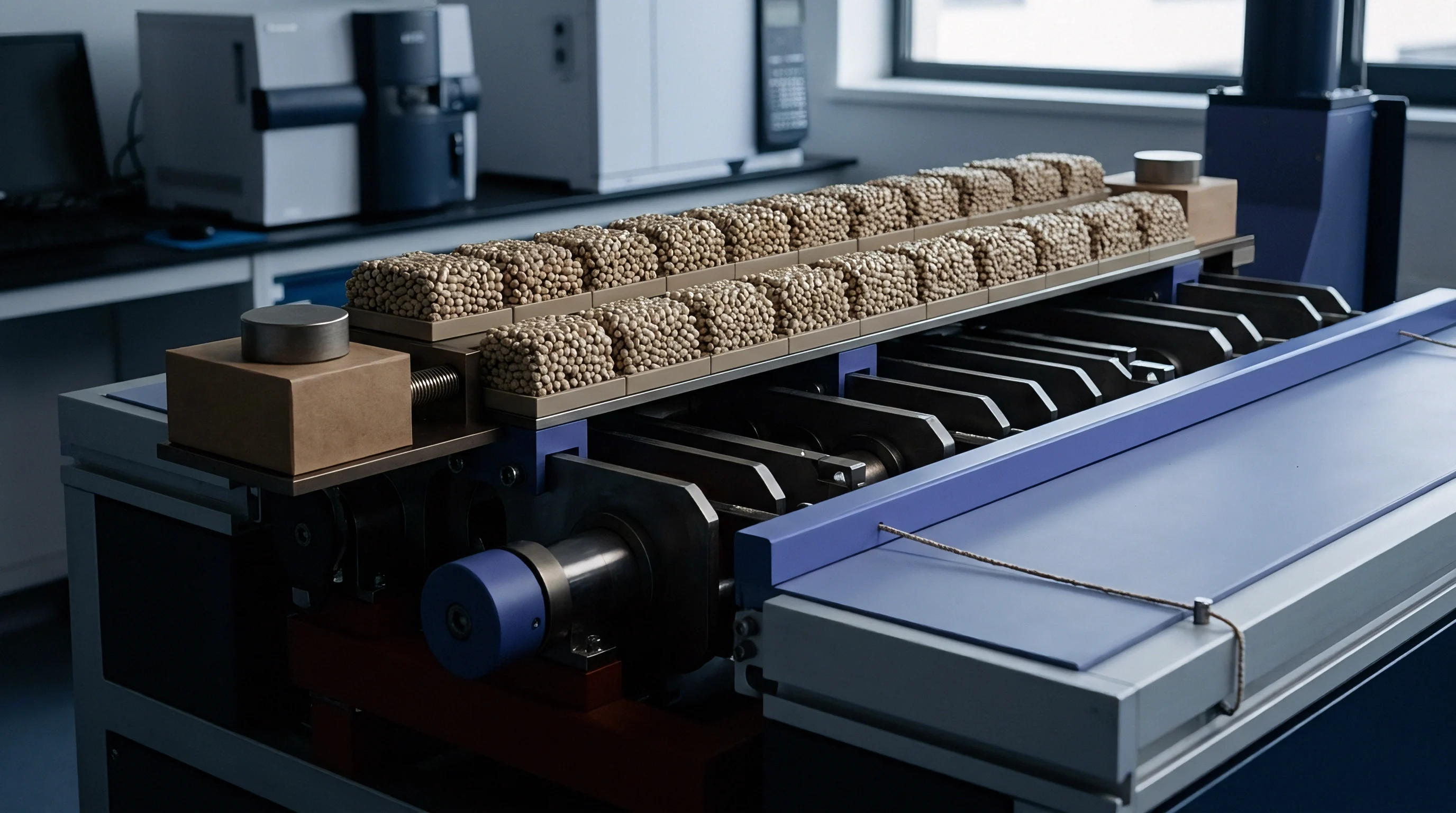 In a laboratory setting, uniform polymer granules are arranged in trays on a mechanical testing apparatus.