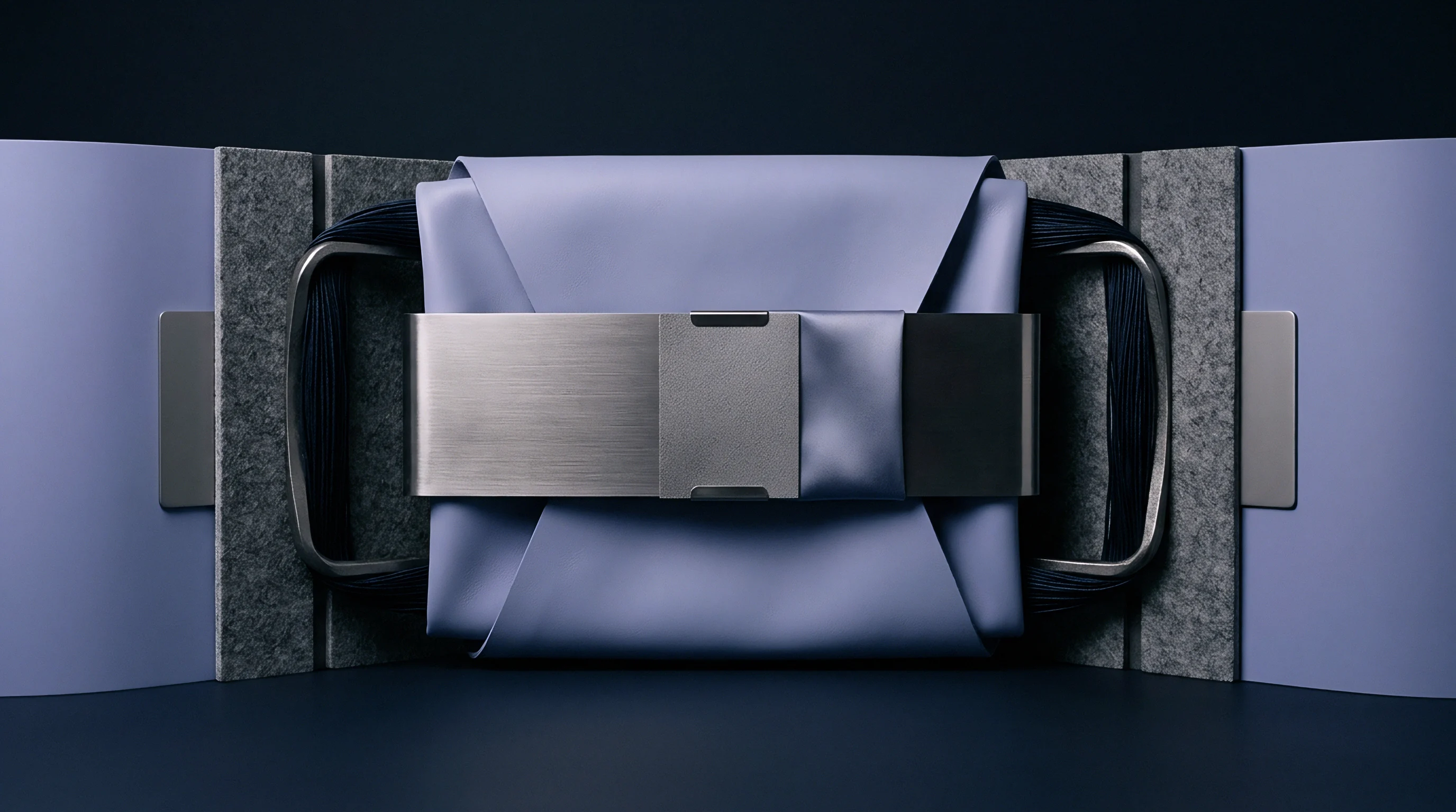 A folded elastomeric sheet is secured by a brushed metal tension band between gray felt blocks in a digital render.