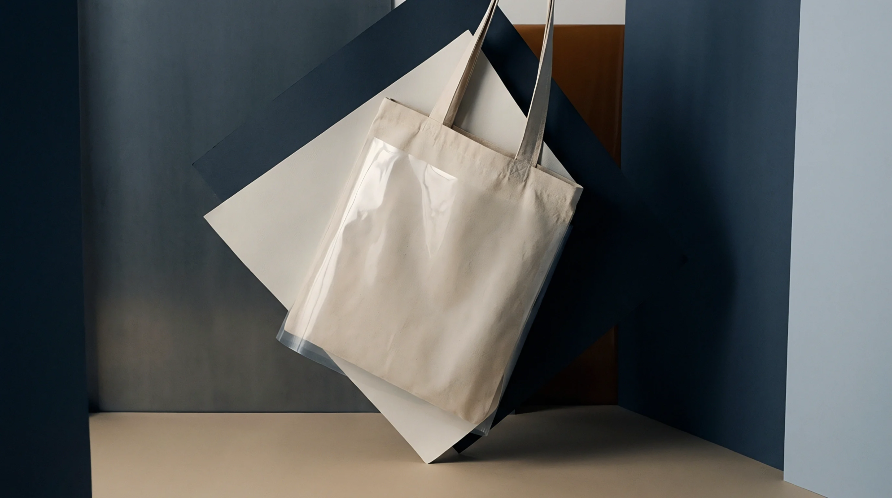 A blank natural canvas textile tote bag is suspended inside a transparent polymer film sleeve within a structured studio environment.
