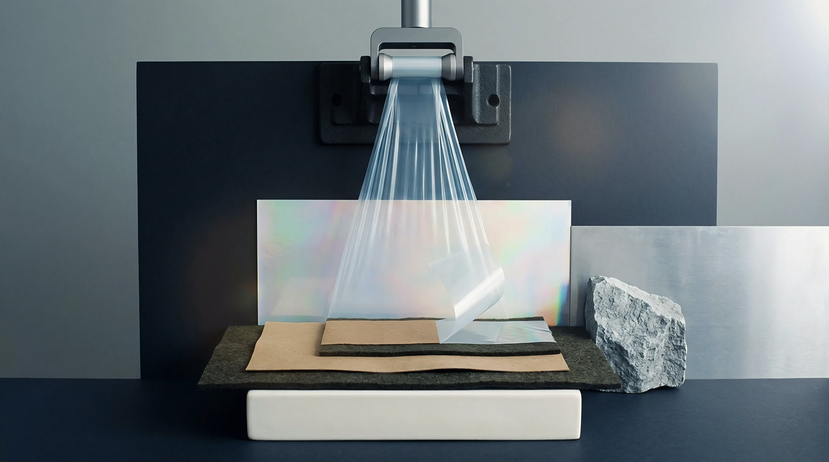 Transparent polymer film is peeled upward from layered substrates beneath a mechanical clamping fixture against a dark backing panel.