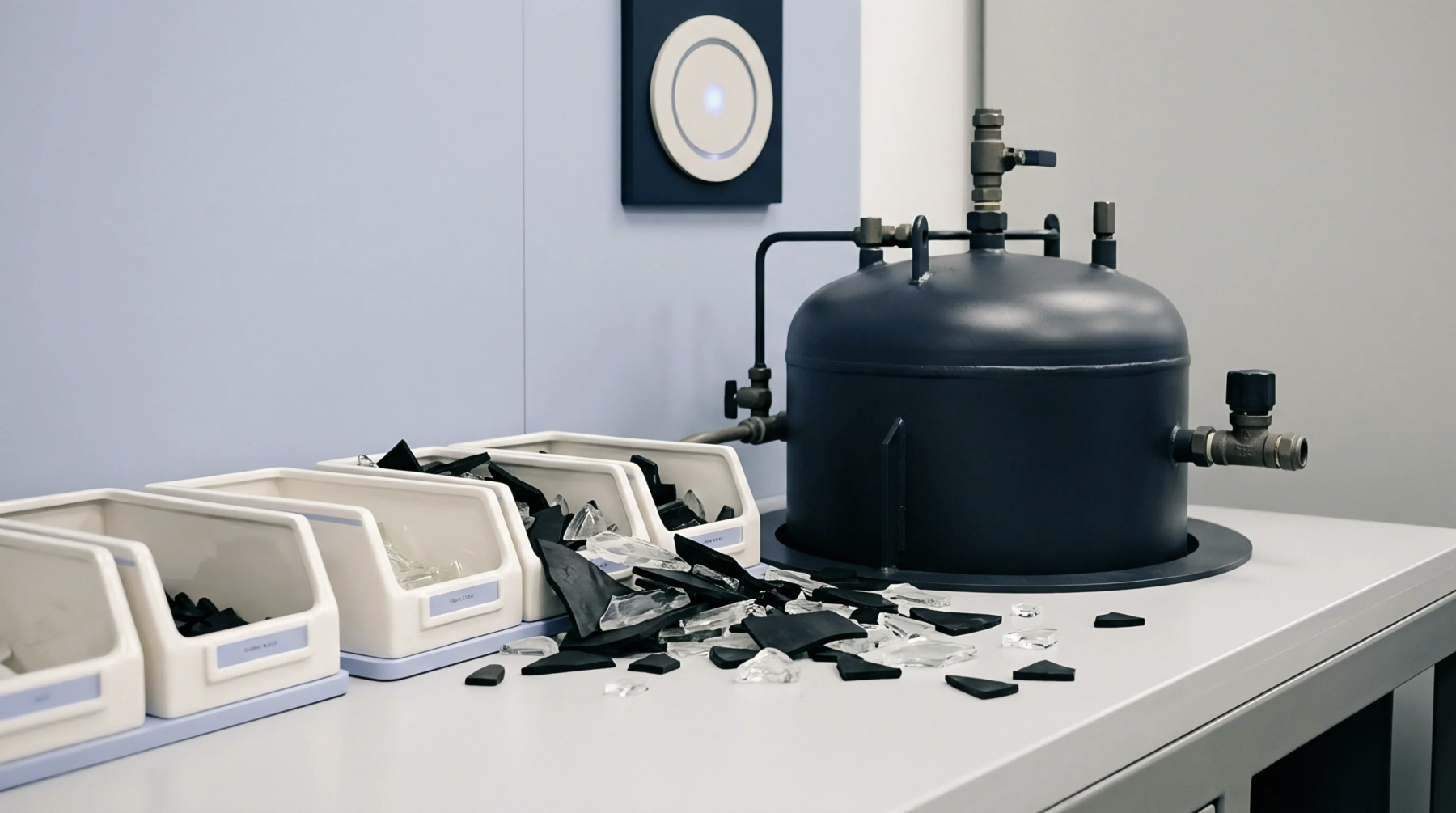 White storage bins containing polymer shards sit beside a black pressurized autoclave vessel on a grey laboratory workbench.