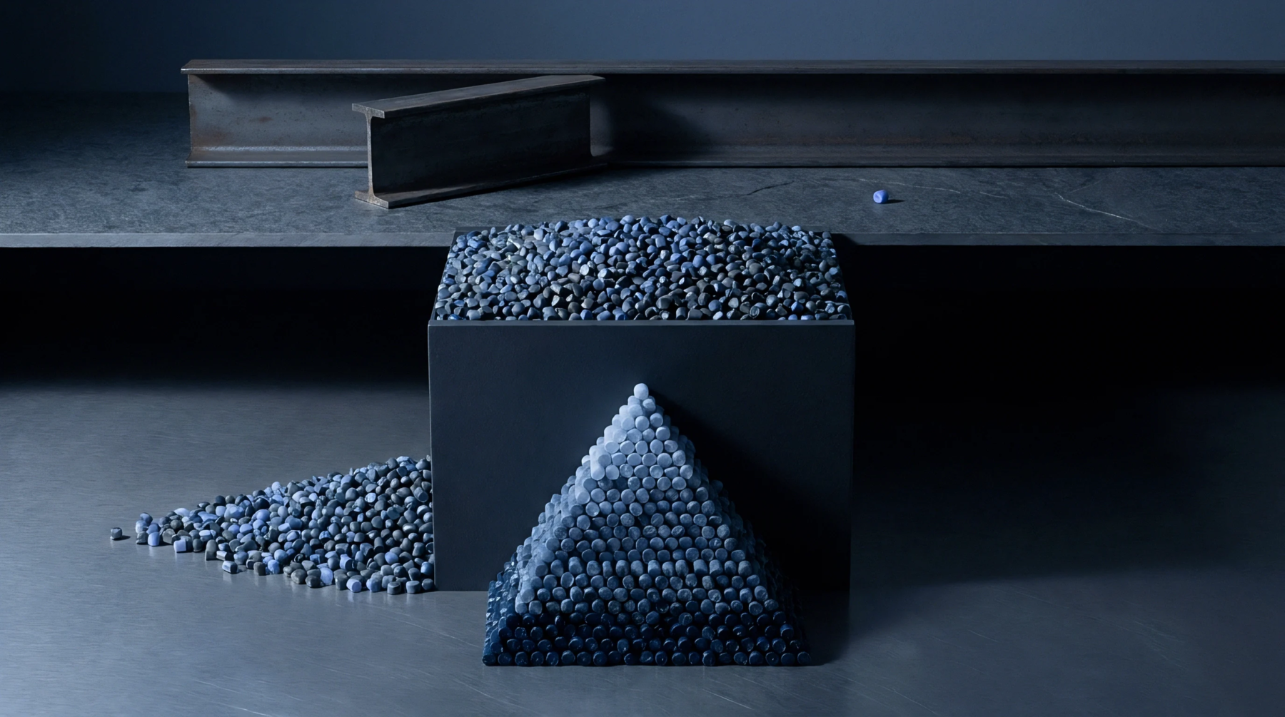 Digital rendering of blue polymer granules forming a pyramid next to a filled container and loose feedstock on a dark industrial surface.