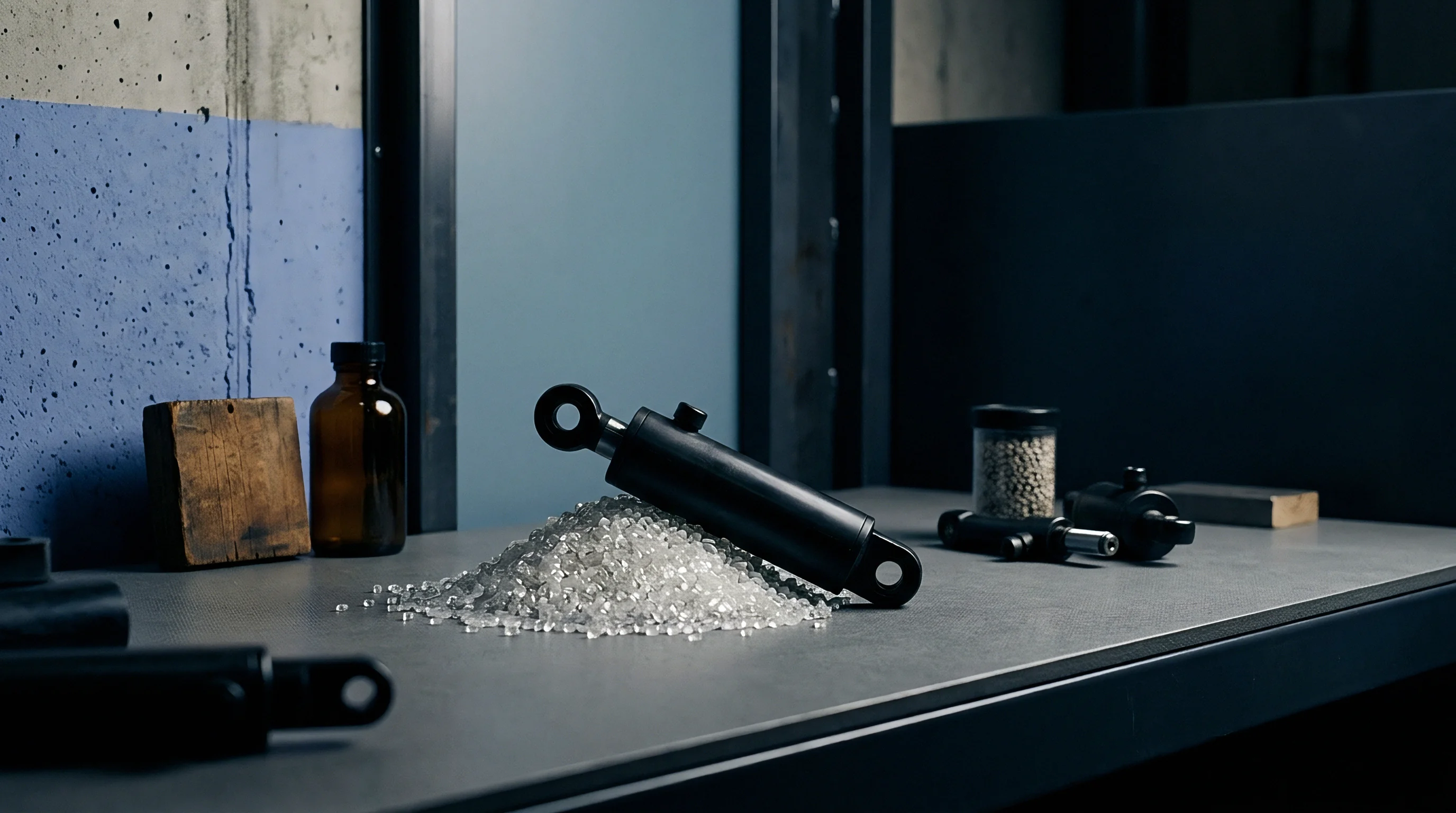 Transparent polymer granules rest on a gray workbench alongside a black hydraulic actuator and industrial production parts.