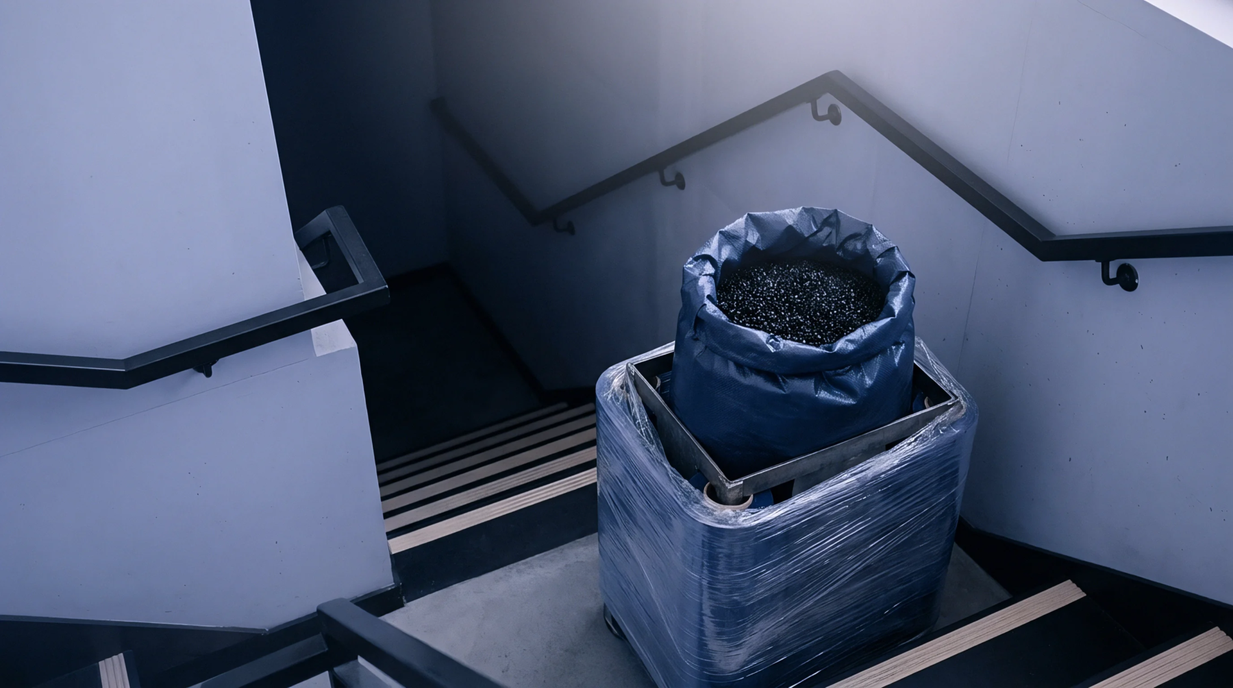 Bulk polymer granules fill a blue protective liner inside a wrapped metal bin positioned on a concrete stairwell landing.