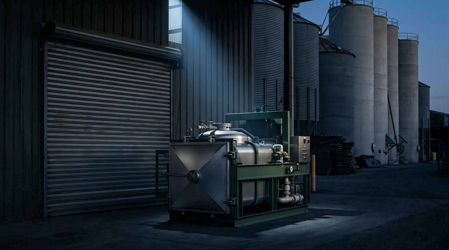 A large industrial processing system with polished metal components and numerous pipes stands in an outdoor production facility beside tall material storage silos.