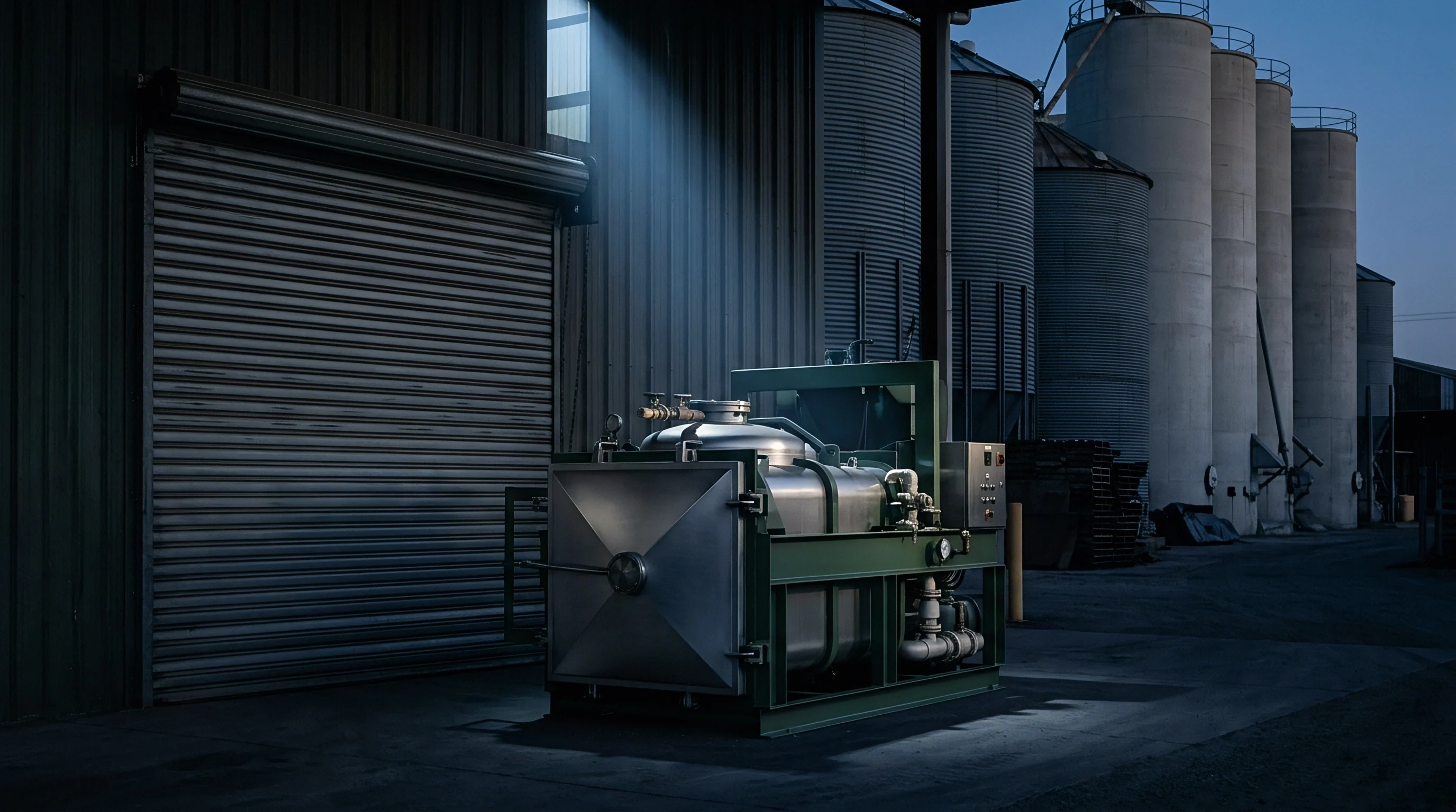 A large industrial processing system with polished metal components and numerous pipes stands in an outdoor production facility beside tall material storage silos.
