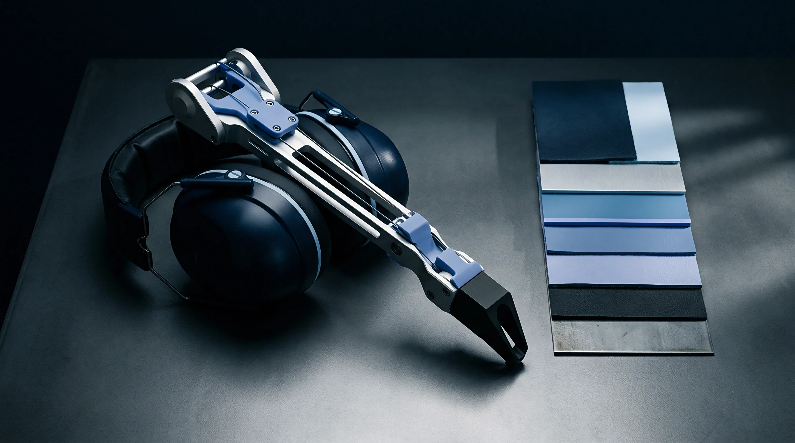 An articulated mechanical arm and industrial hearing protection rest beside a collection of rectangular polymer color plaques on a dark workbench.