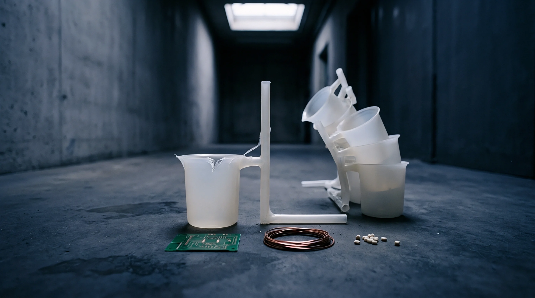 White polymer moulded beakers and resin pellets sit alongside a circuit board and copper wire on a concrete floor inside a manufacturing facility corridor.
