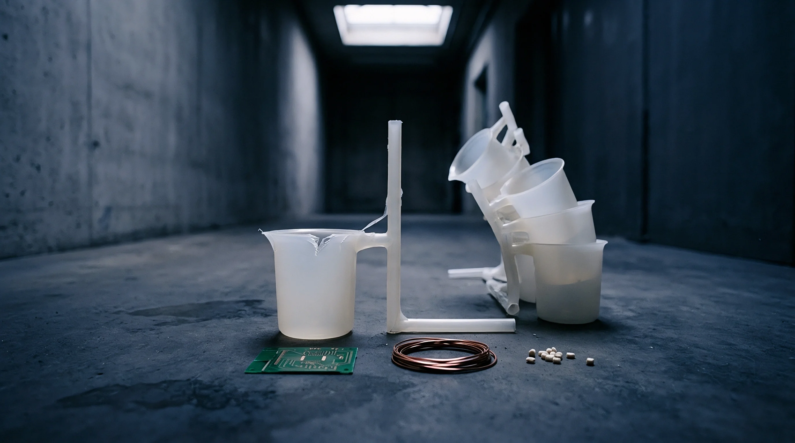 White polymer moulded beakers and resin pellets sit alongside a circuit board and copper wire on a concrete floor inside a manufacturing facility corridor.