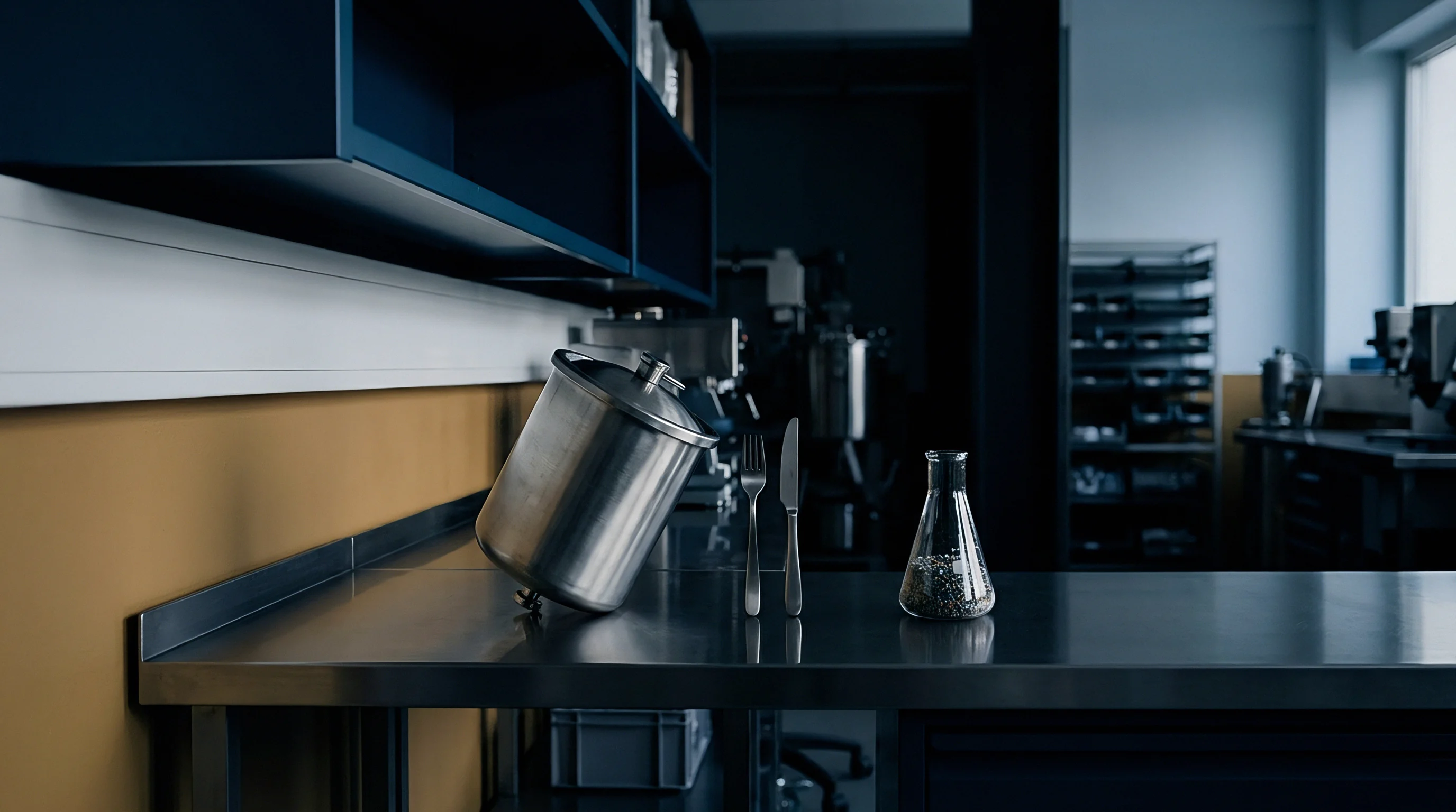Stainless steel industrial containers and cutlery flank a laboratory flask containing plastic pellets on a clean metallic workbench inside a production facility.