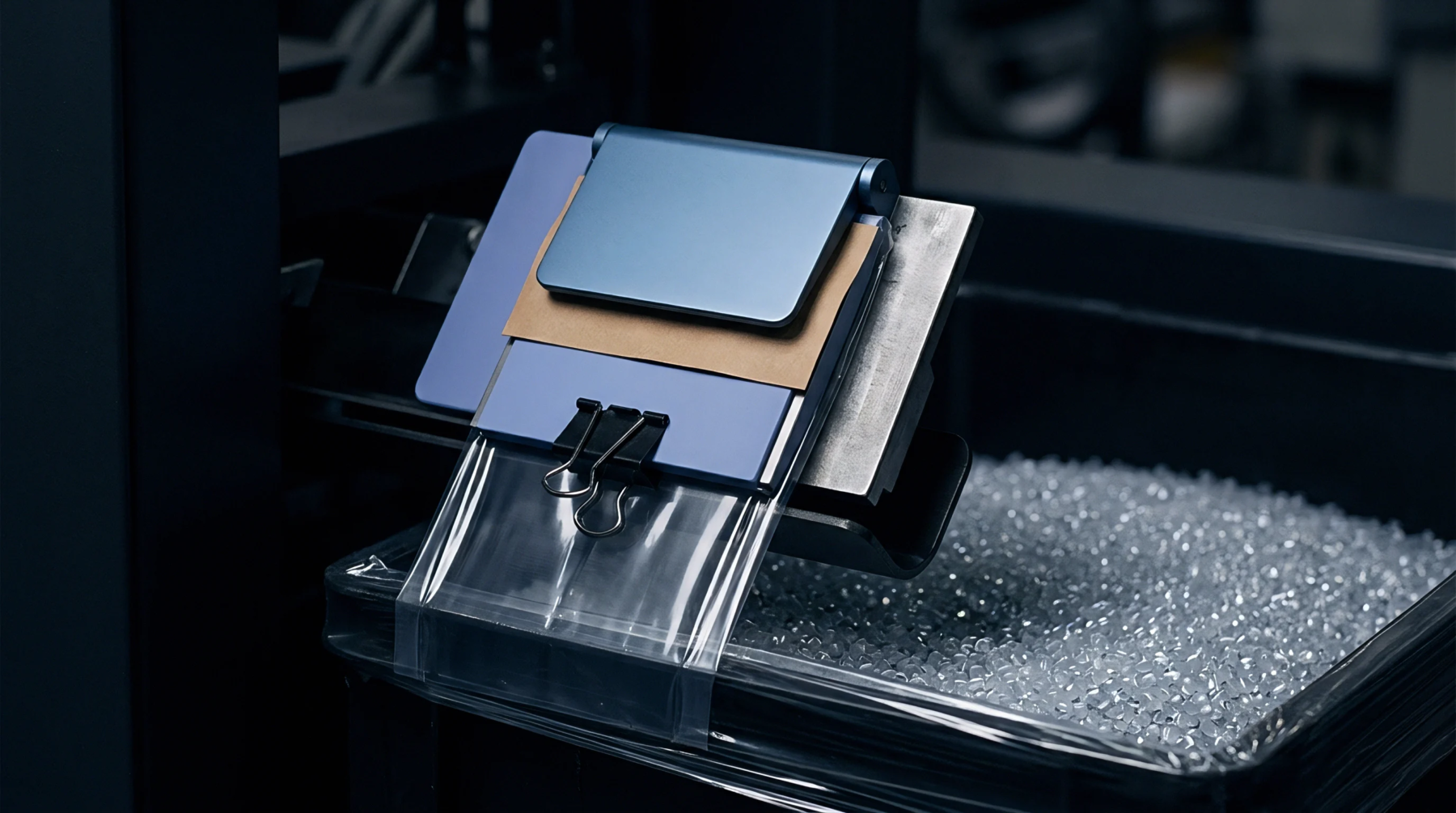 Clear plastic resin pellets sit in a collection bin beneath a stacked assembly of polymer sheets and a moulded component held with a binder clip.