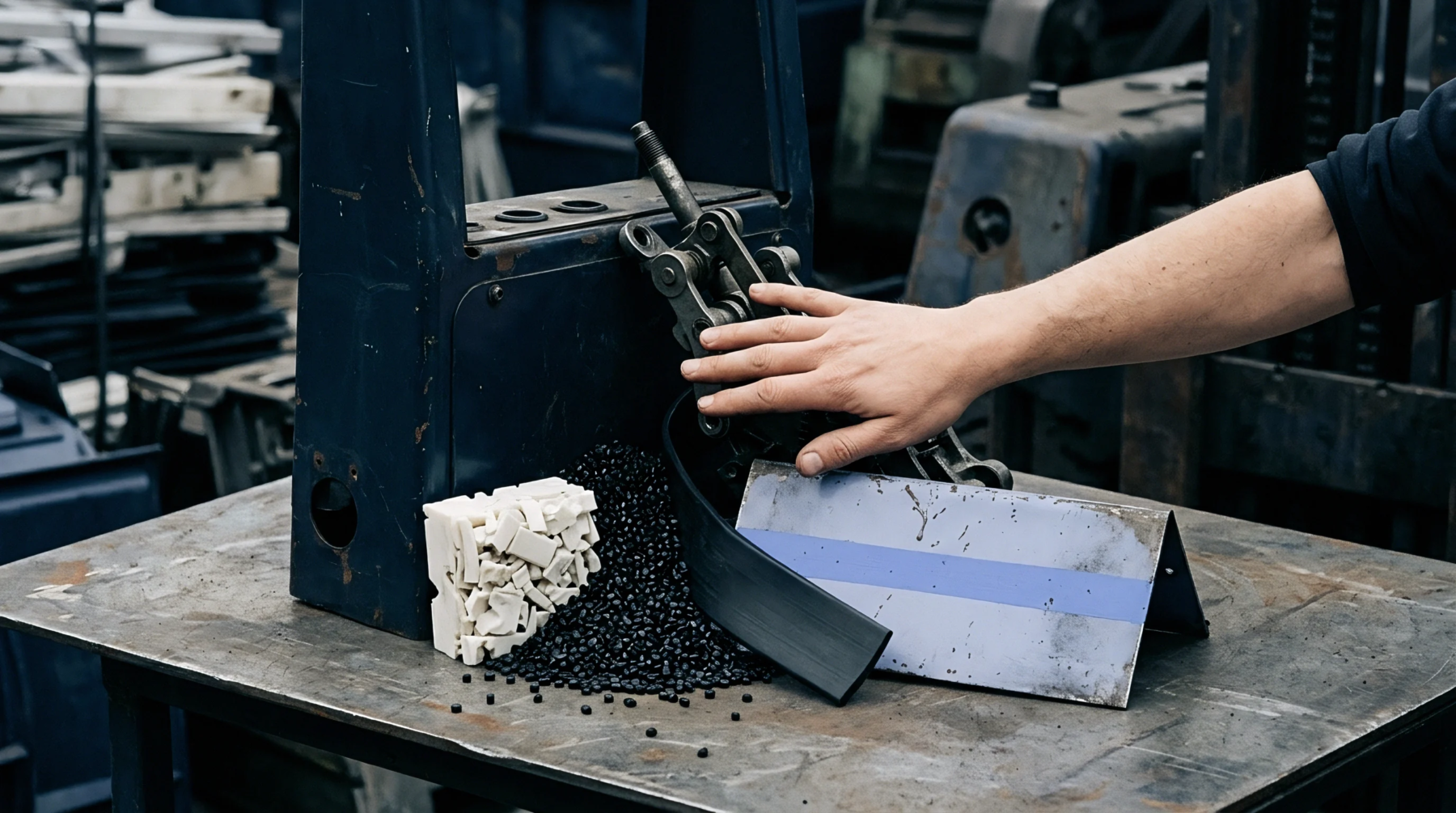 Black polymer pellets, white plastic regrind and an extruded profile lie on a metal workbench beside industrial tooling and a hand.