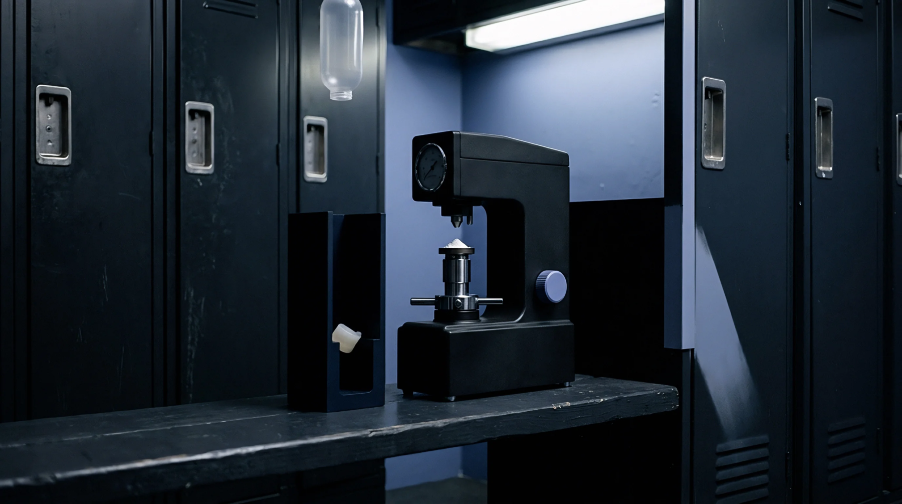 A laboratory compaction tester with white polymer powder sits on a wooden bench between locker units and a molded component.