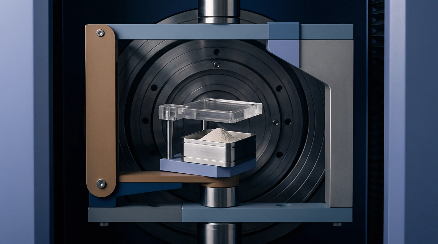 A metal tray containing polymer powder feedstock sits mounted within a laboratory testing instrument under a clear acrylic compression plate.