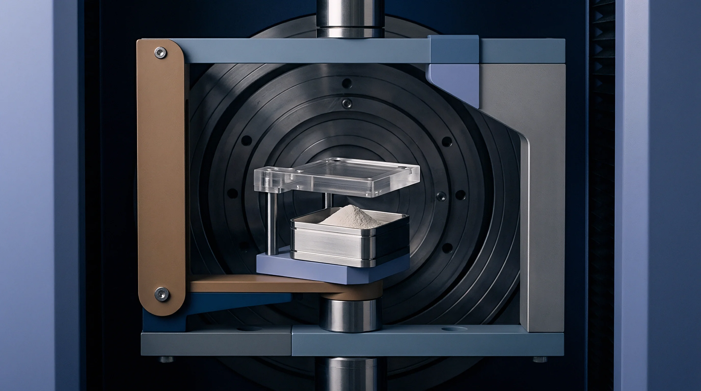 A metal tray containing polymer powder feedstock sits mounted within a laboratory testing instrument under a clear acrylic compression plate.