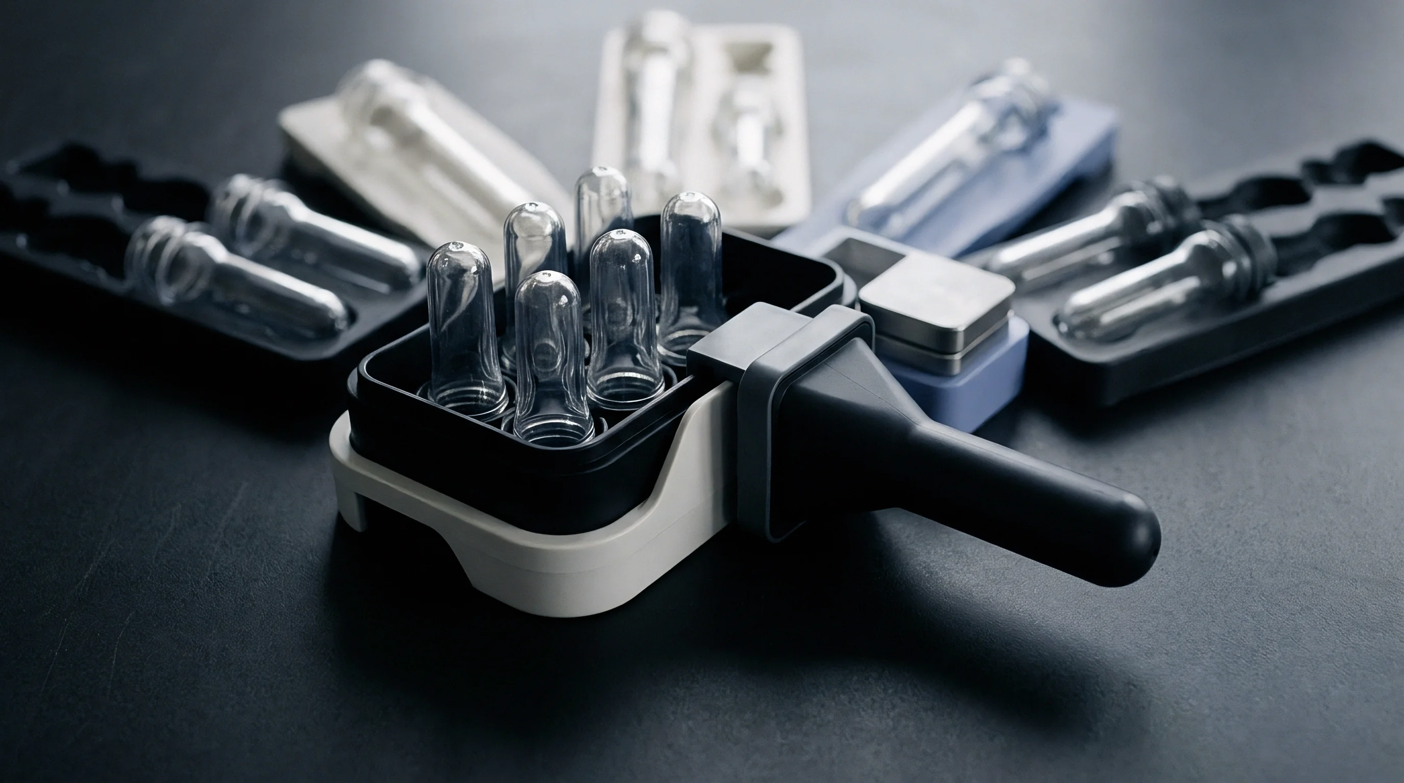 Clear polymer injection preforms rest inside a black testing fixture surrounded by specialized sorting trays across a dark workspace.