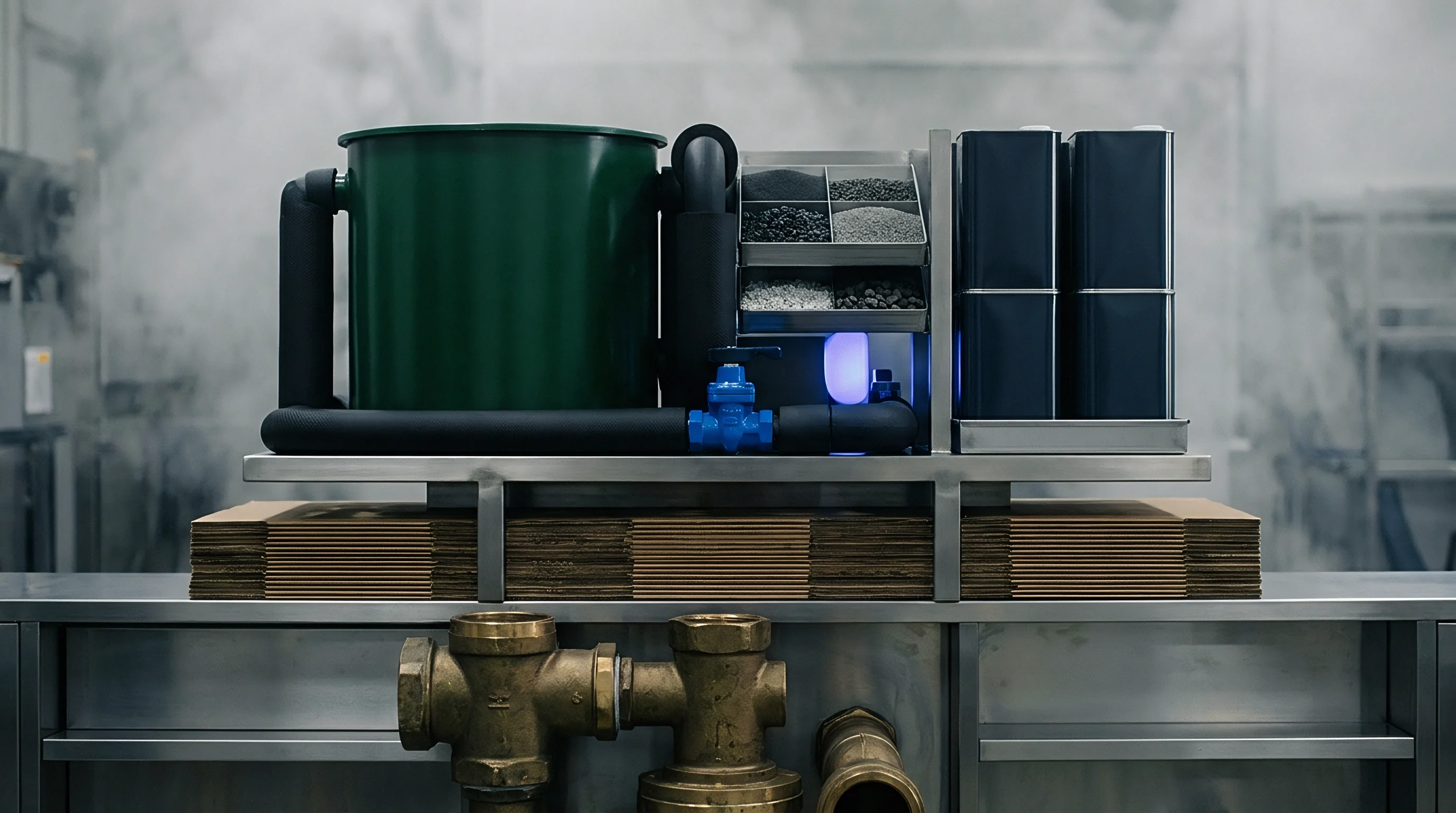 Industrial setup combines material hoppers, multiple polymer granule containers, and piping valves on a workbench within a steam filled production facility floor.