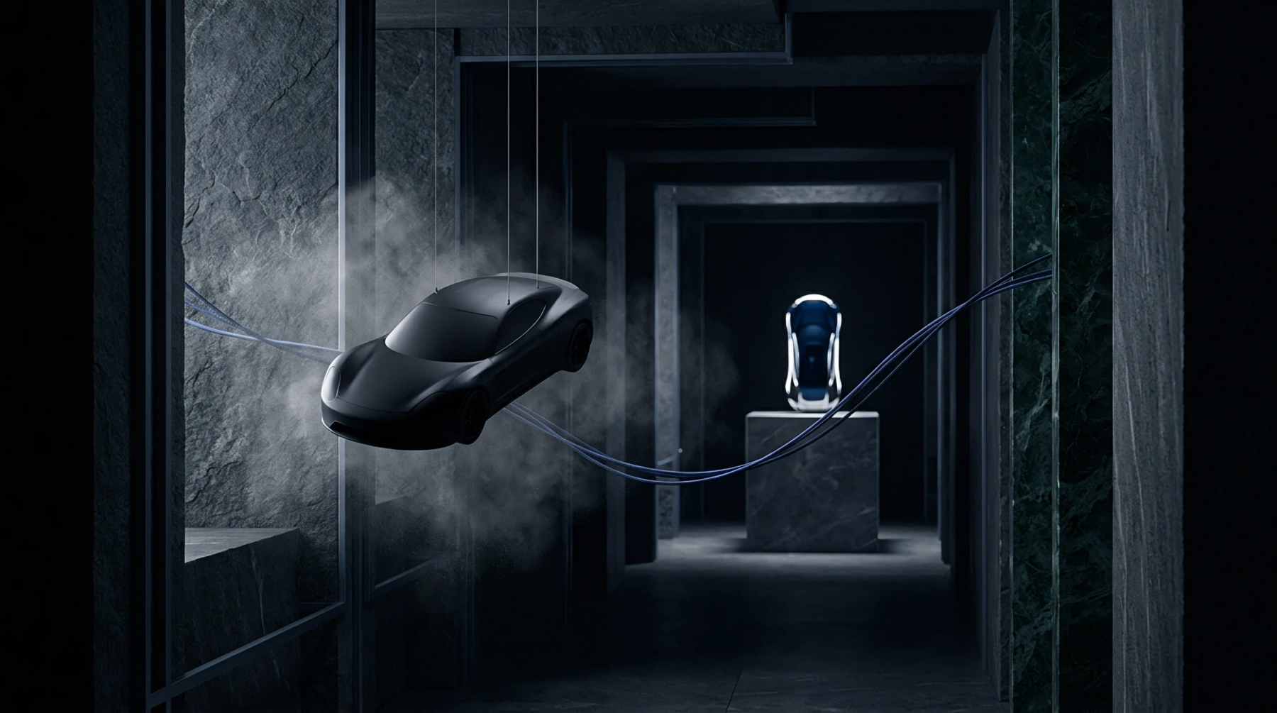 A digital render presents a matte gray automotive prototype suspended by cables in a dark stone corridor filled with light mist.