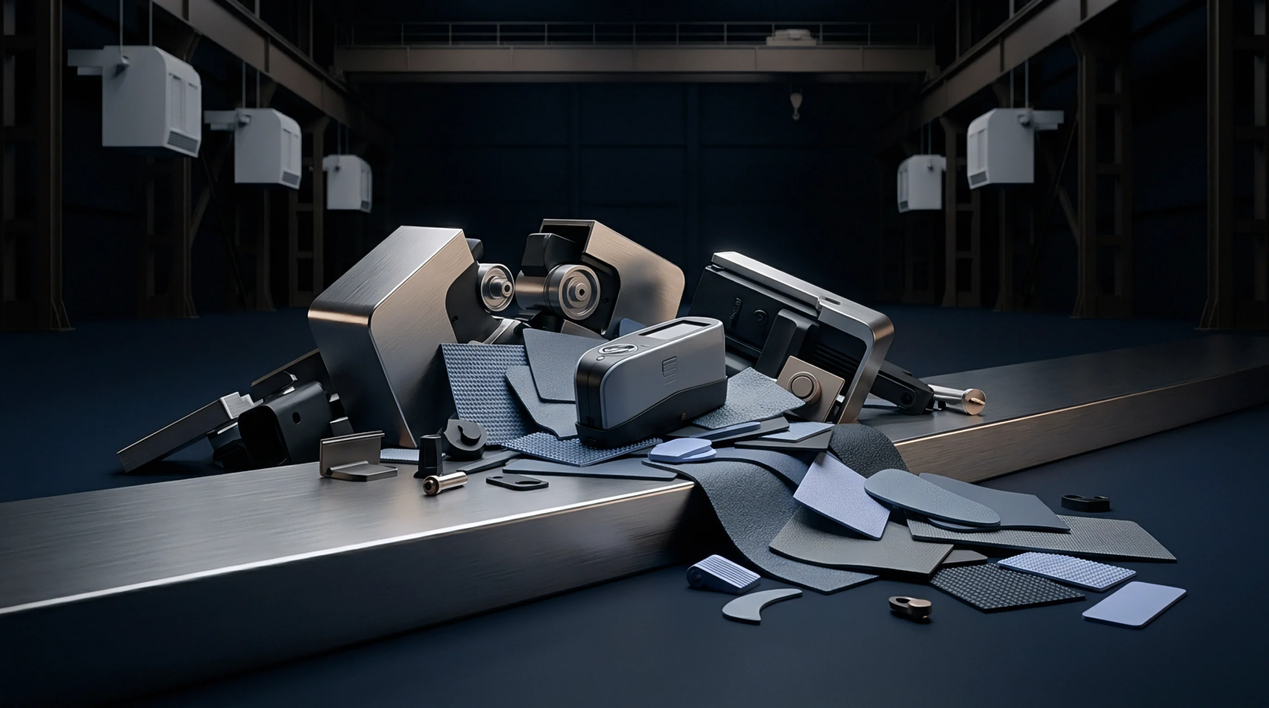 Industrial polymer sheets and molded components lie near a handheld spectrophotometer on a metallic production platform within a digital render of a dark factory.