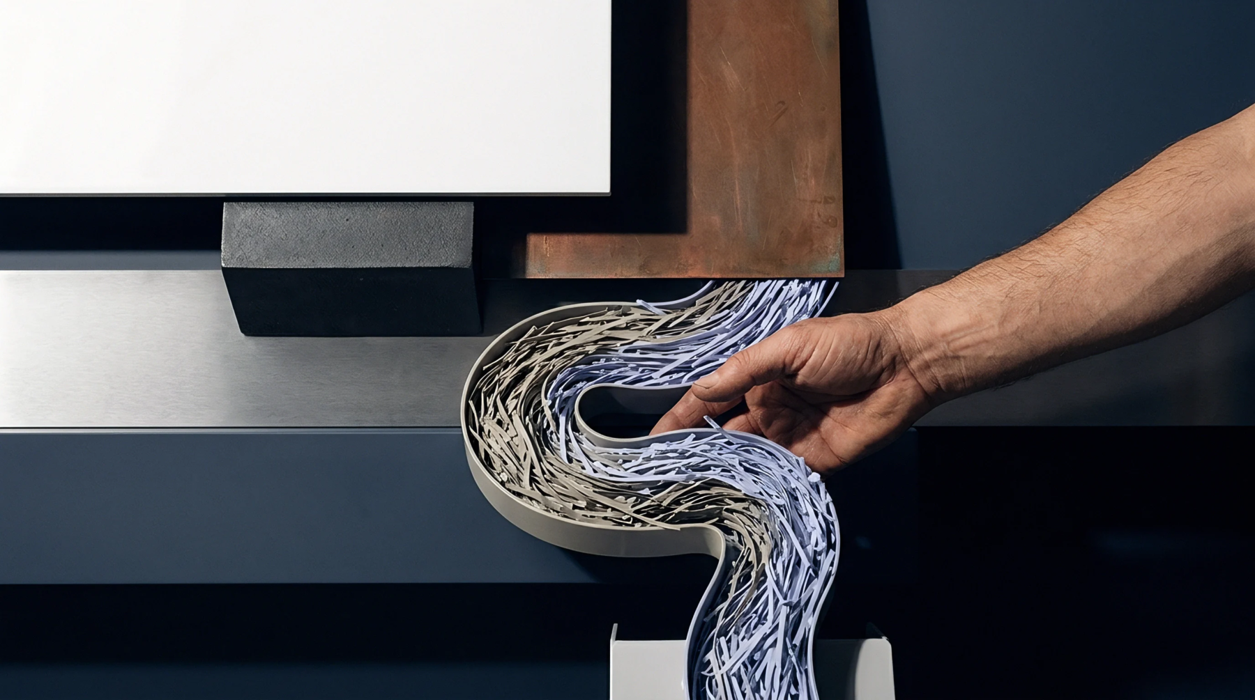 A human hand guides sorted shredded polymer regrind material flowing through a curved grey channel mounted on a workshop wall with metal panels.