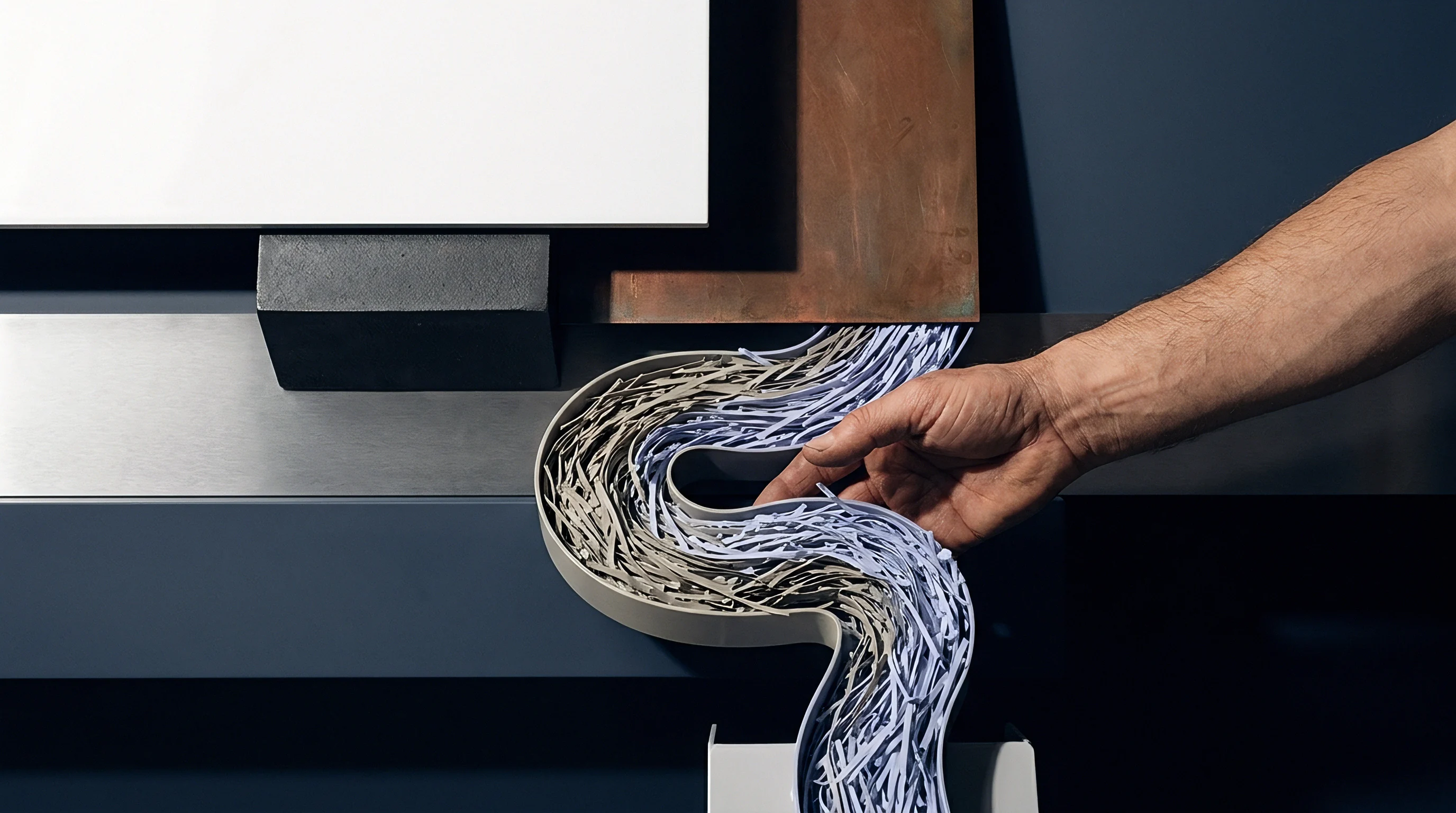 A human hand guides sorted shredded polymer regrind material flowing through a curved grey channel mounted on a workshop wall with metal panels.