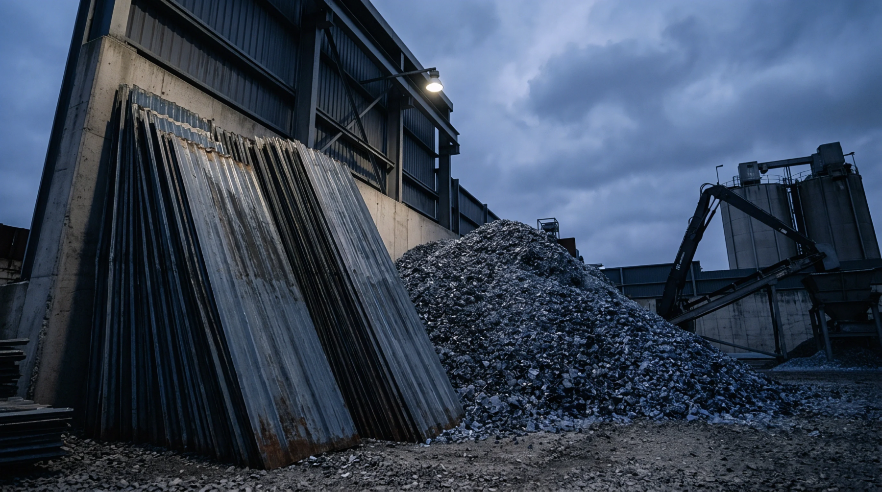 Bulk polymer regrind and stacked corrugated profile sheets occupy an industrial yard under overcast twilight skies near processing silos.