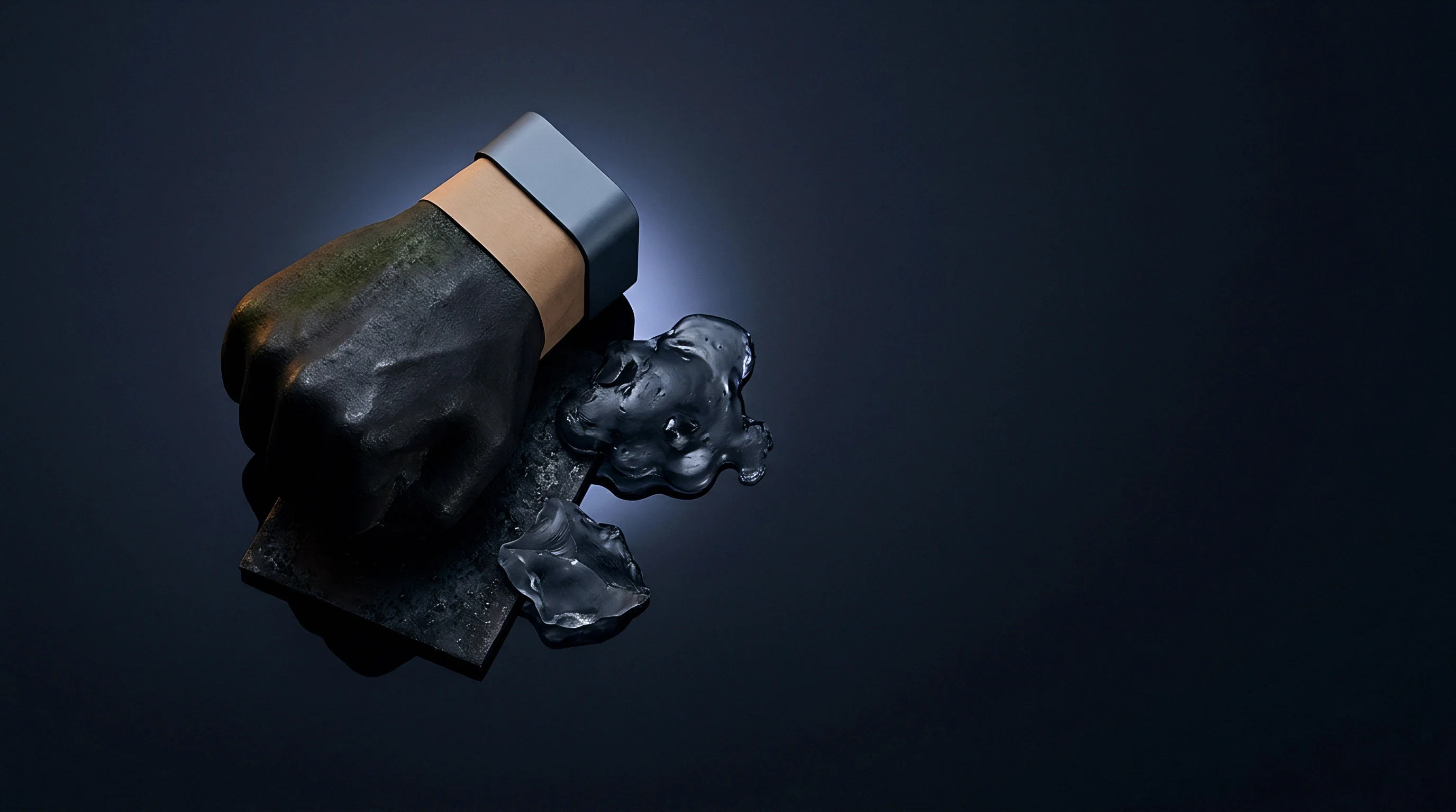 A sculpted fist of dark composite material sits next to translucent polymer droplets on a dark reflective surface.