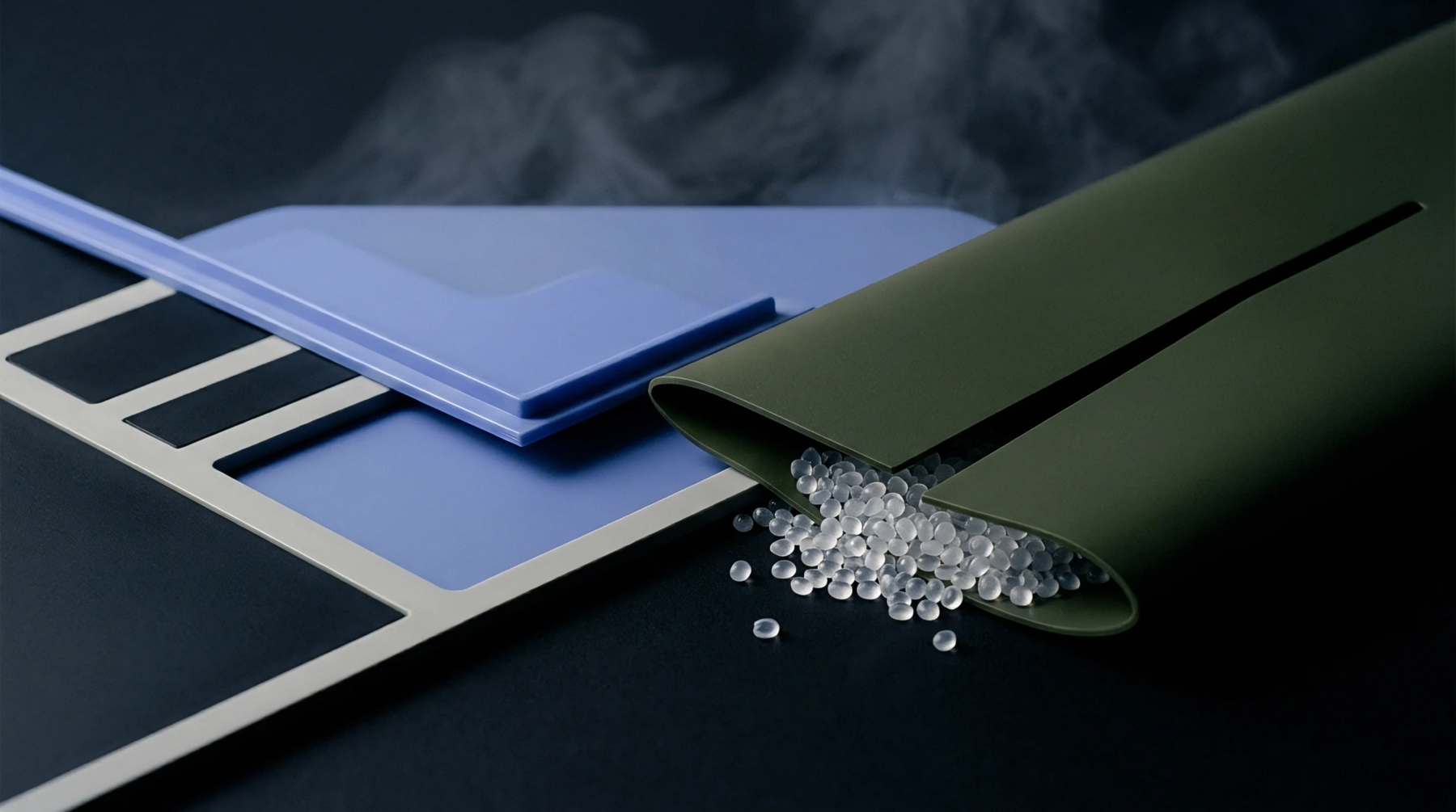 Clear polymer resin pellets spill from an olive green extruded plastic profile onto a surface beside a geometric blue molded part.