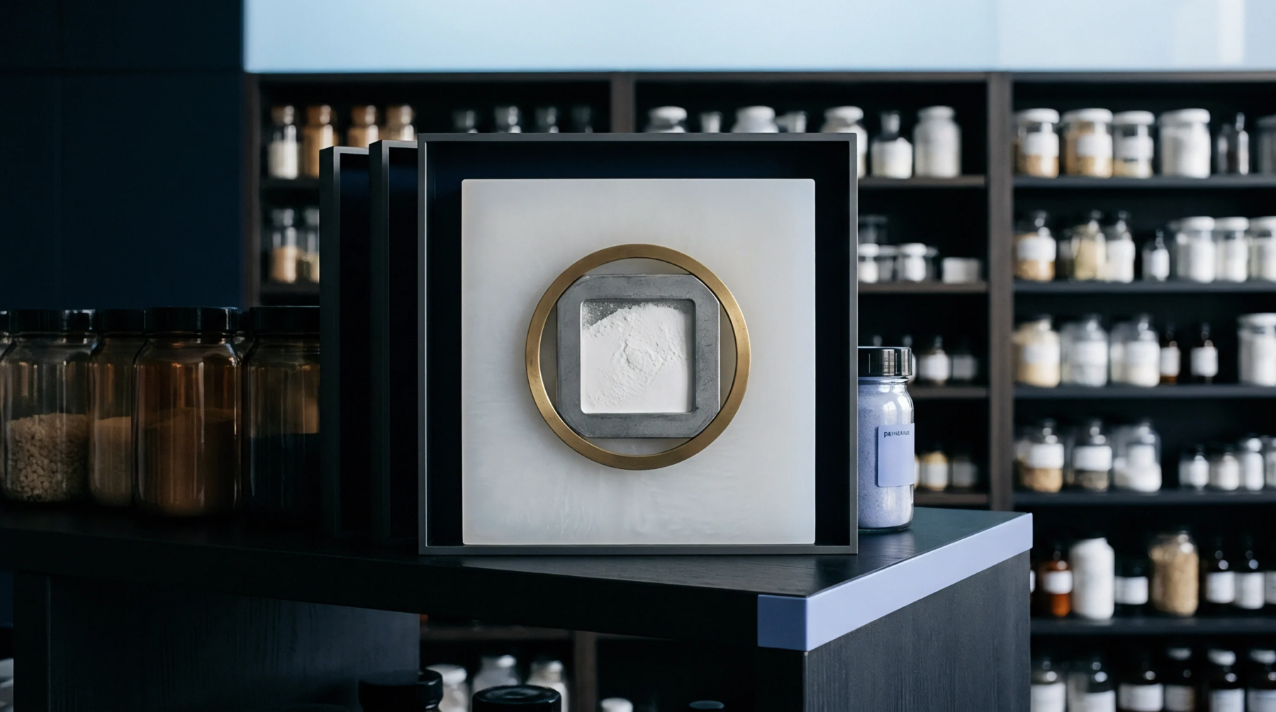 White polymer powder sits inside a square metal holder mounted on a white panel within a material testing laboratory.